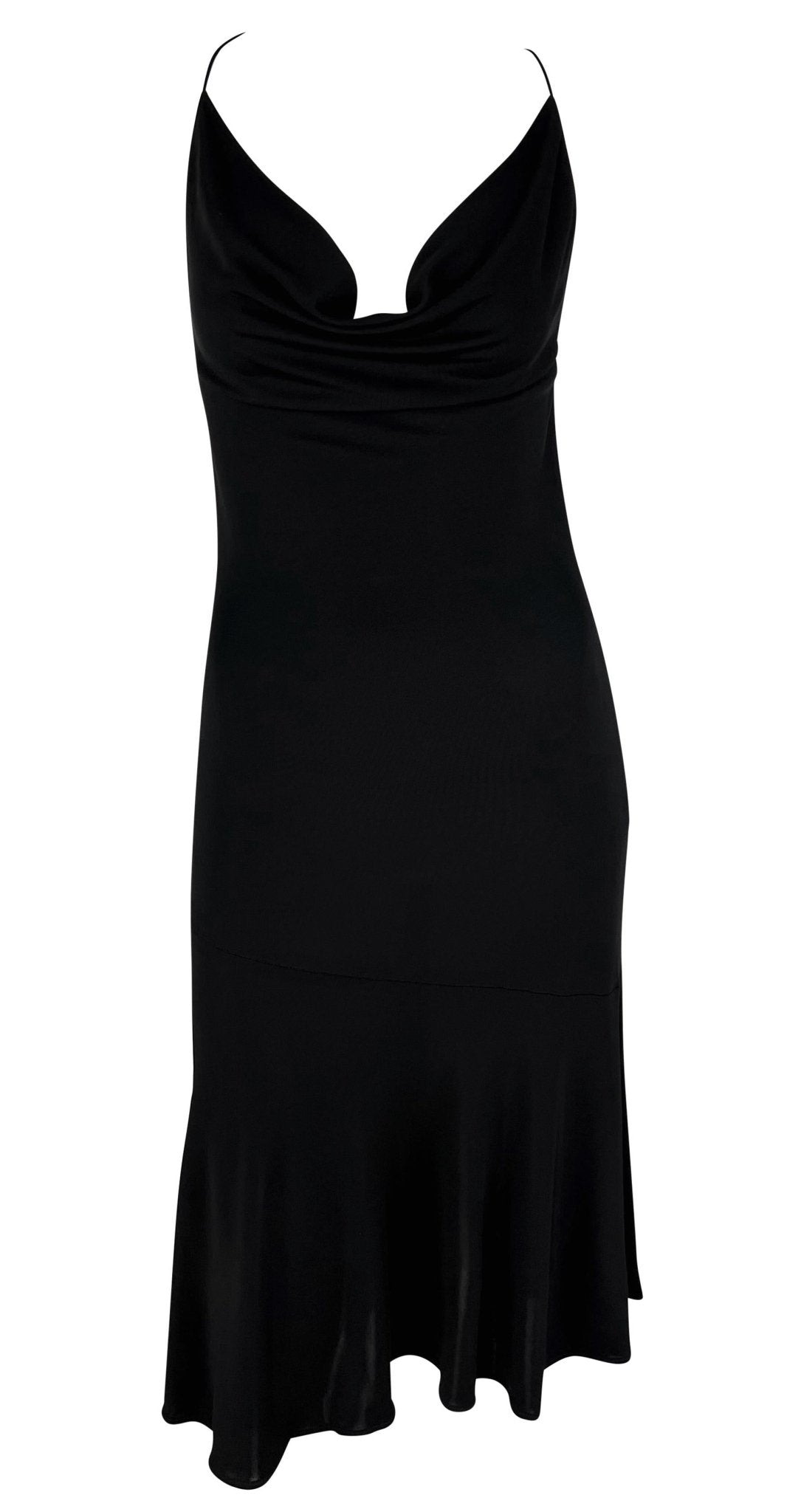 Early 2000s Yigal Azrouël Sheer Backless Black Cowl Neck Flare Dress - RealList