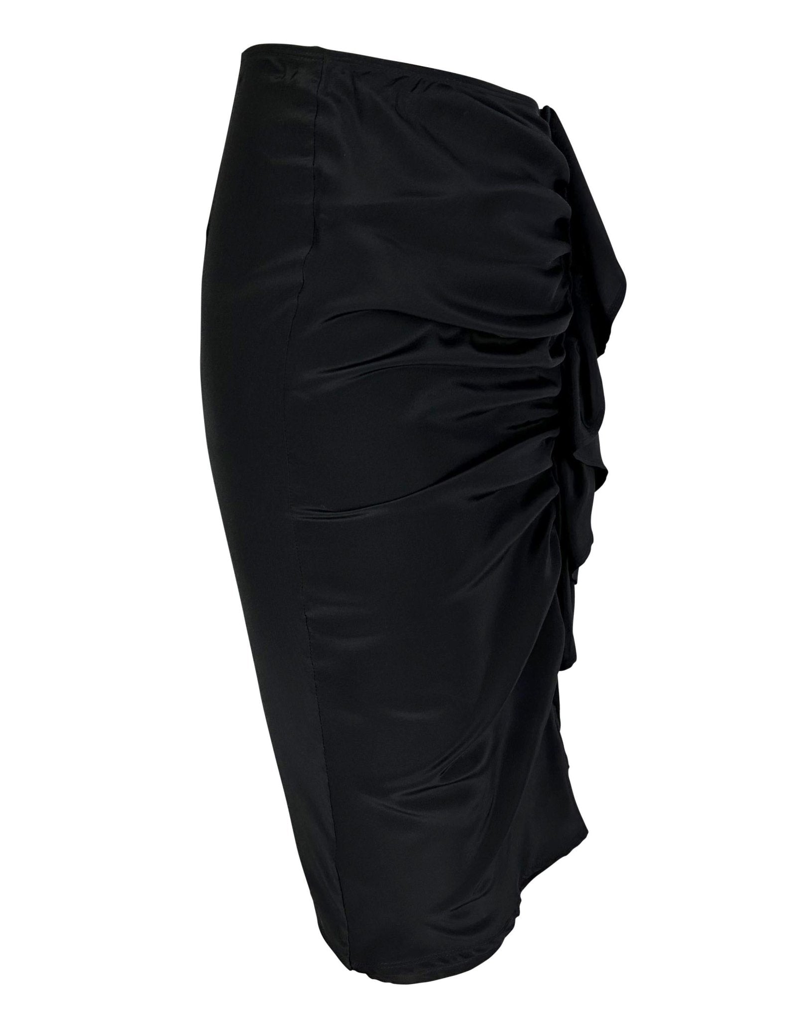 Early 2000s Yves Saint Laurent by Tom Ford Black Silk Ruffle Button Skirt - RealList