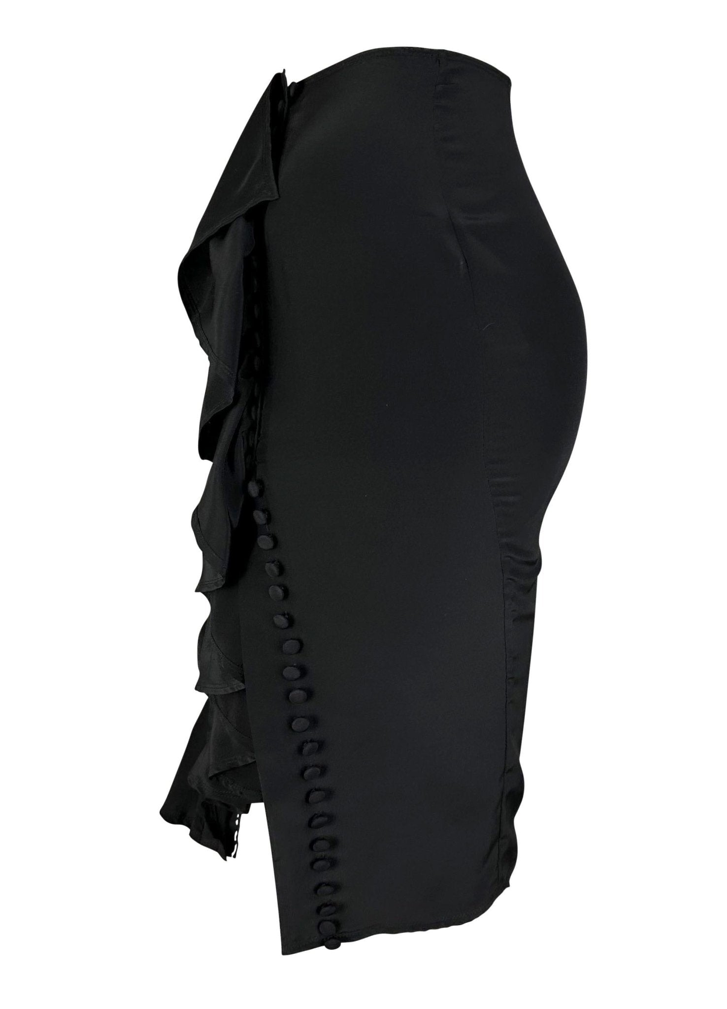 Early 2000s Yves Saint Laurent by Tom Ford Black Silk Ruffle Button Skirt - RealList