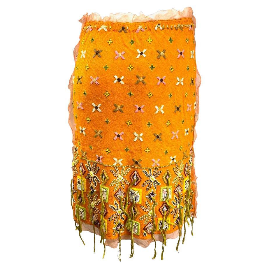 Fendi by Karl Lagerfeld Embroidered Beaded Orange Chiffon Skirt - RealList