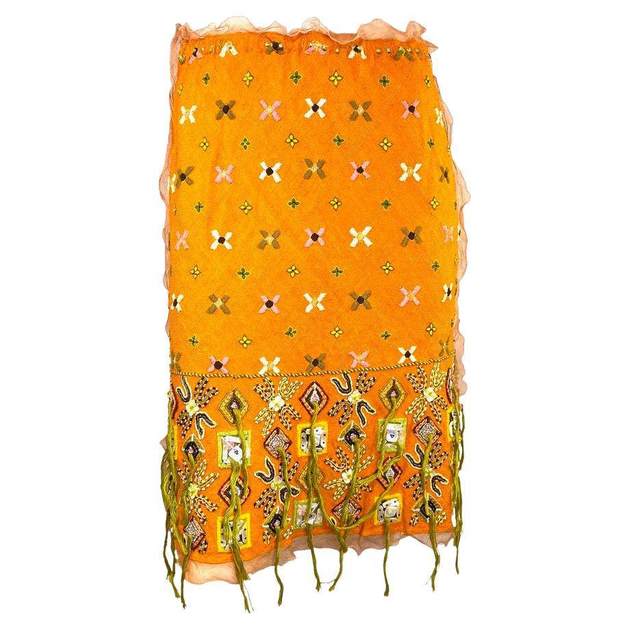 Fendi by Karl Lagerfeld Embroidered Beaded Orange Chiffon Skirt - RealList