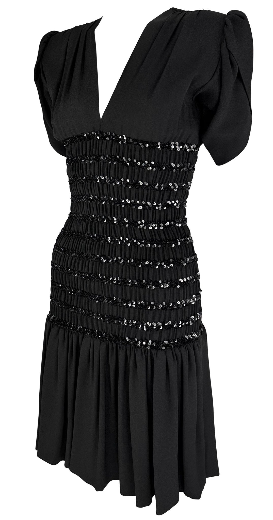 F/W 1983 Saint Laurent Runway Ad Ruched Sequin Black Petal Flare Dress - RealList