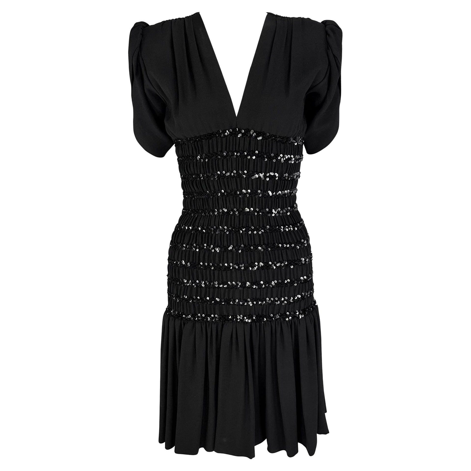 F/W 1983 Saint Laurent Runway Ad Ruched Sequin Black Petal Flare Dress - RealList