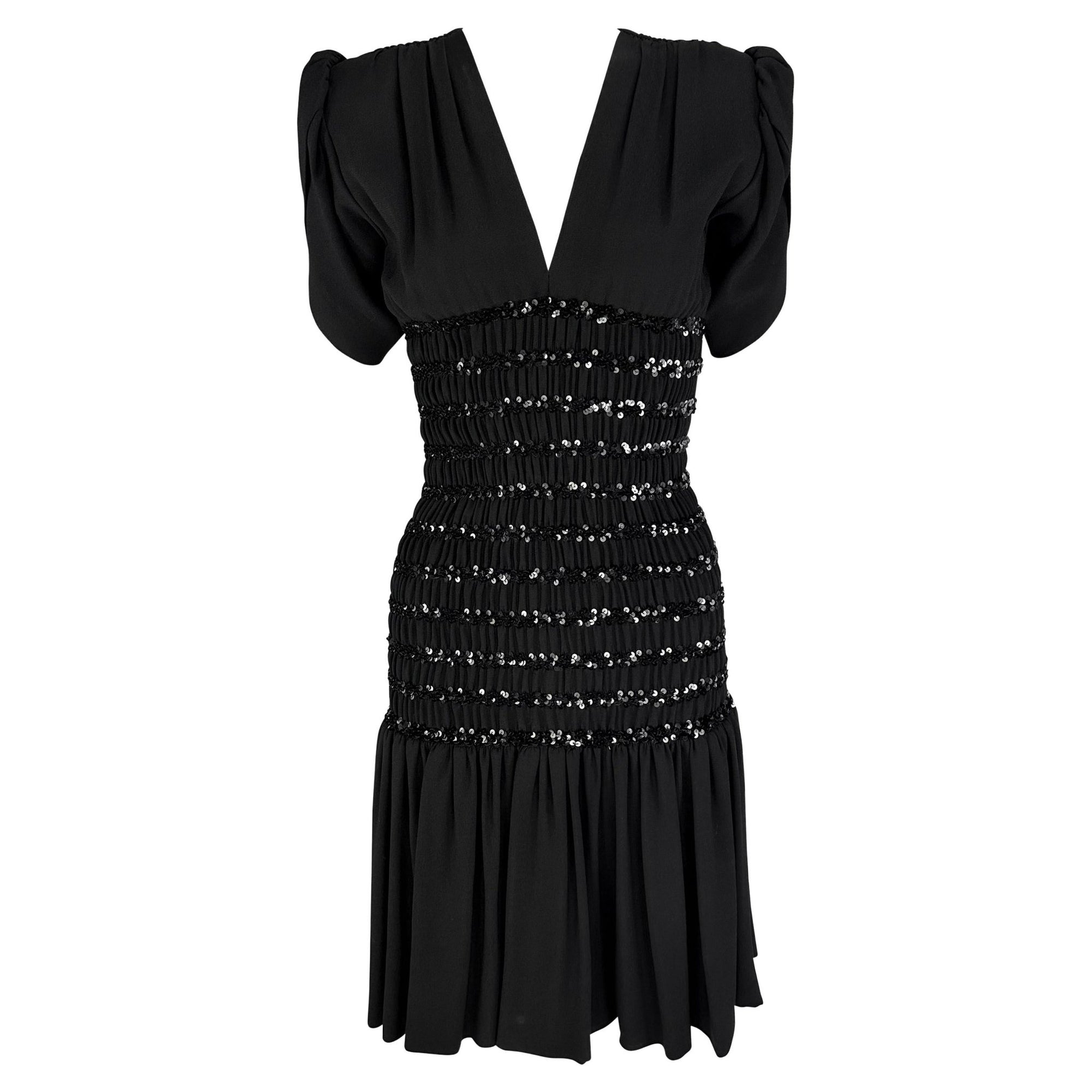 F/W 1983 Saint Laurent Runway Ad Ruched Sequin Black Petal Flare Dress - RealList