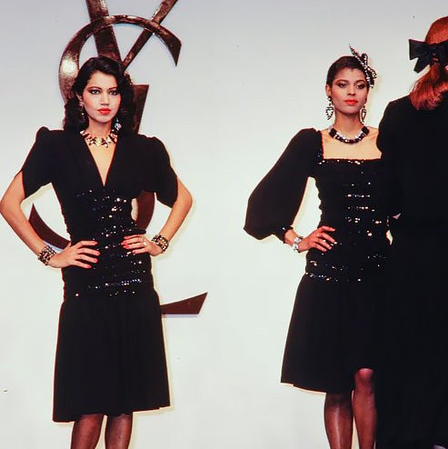 F/W 1983 Saint Laurent Runway Ad Ruched Sequin Black Petal Flare Dress - RealList