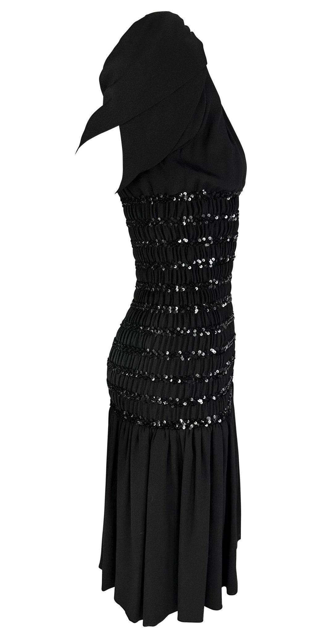 F/W 1983 Saint Laurent Runway Ad Ruched Sequin Black Petal Flare Dress - RealList