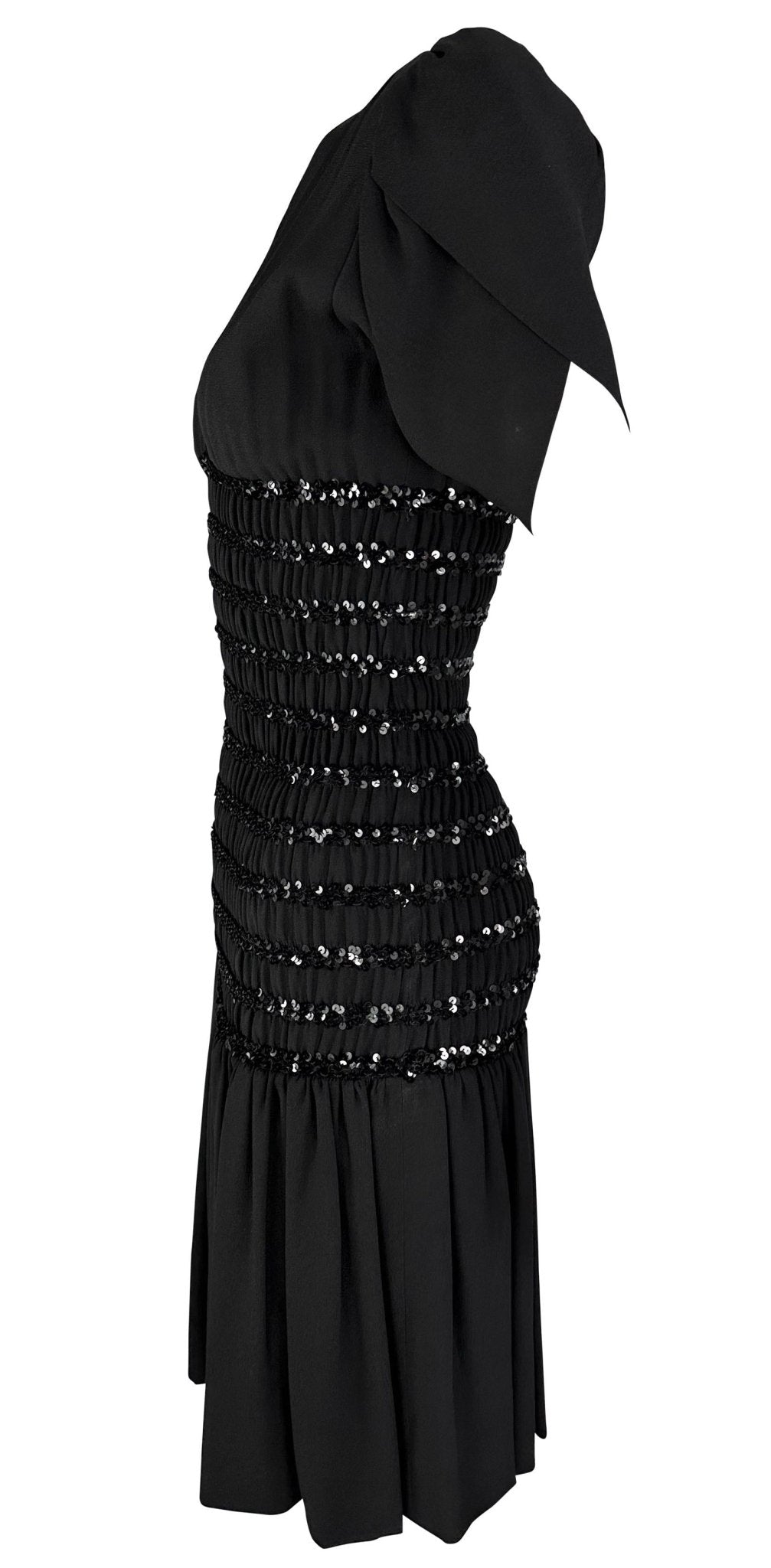 F/W 1983 Saint Laurent Runway Ad Ruched Sequin Black Petal Flare Dress - RealList