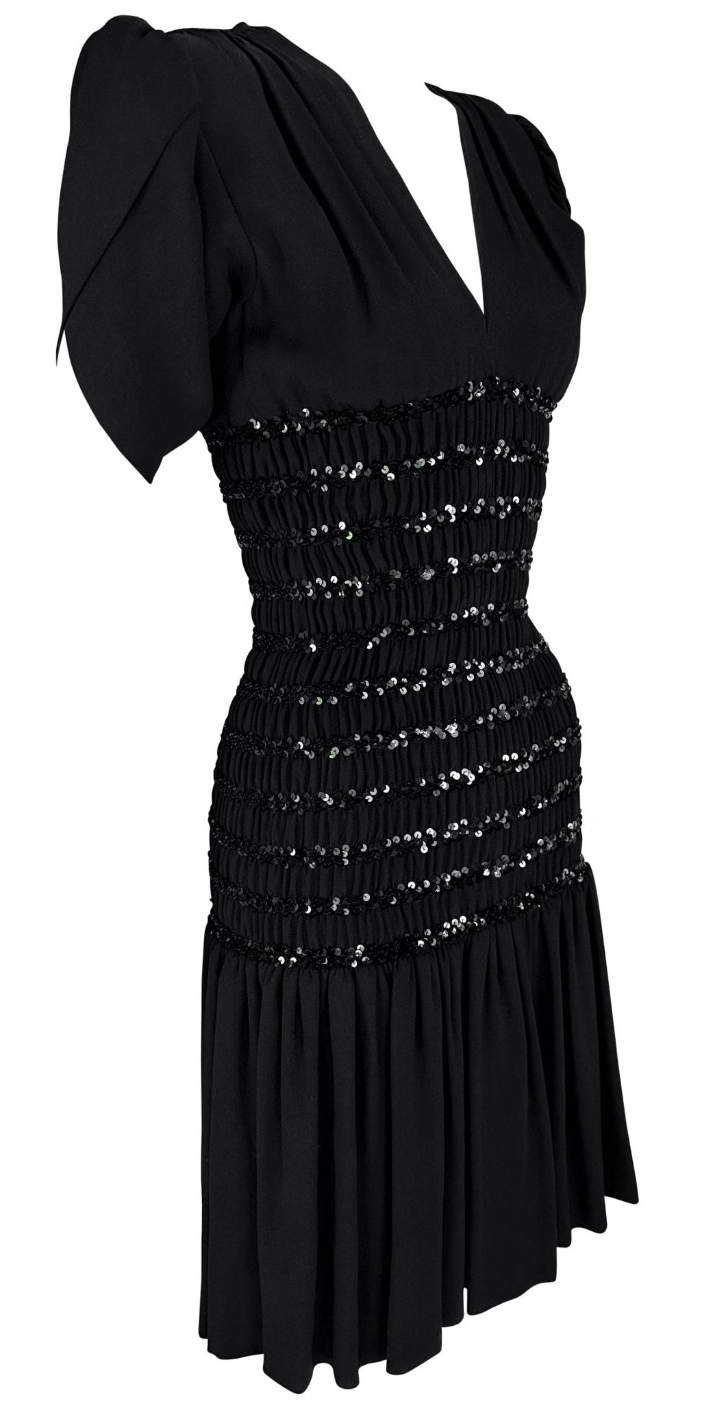 F/W 1983 Saint Laurent Runway Ad Ruched Sequin Black Petal Flare Dress - RealList