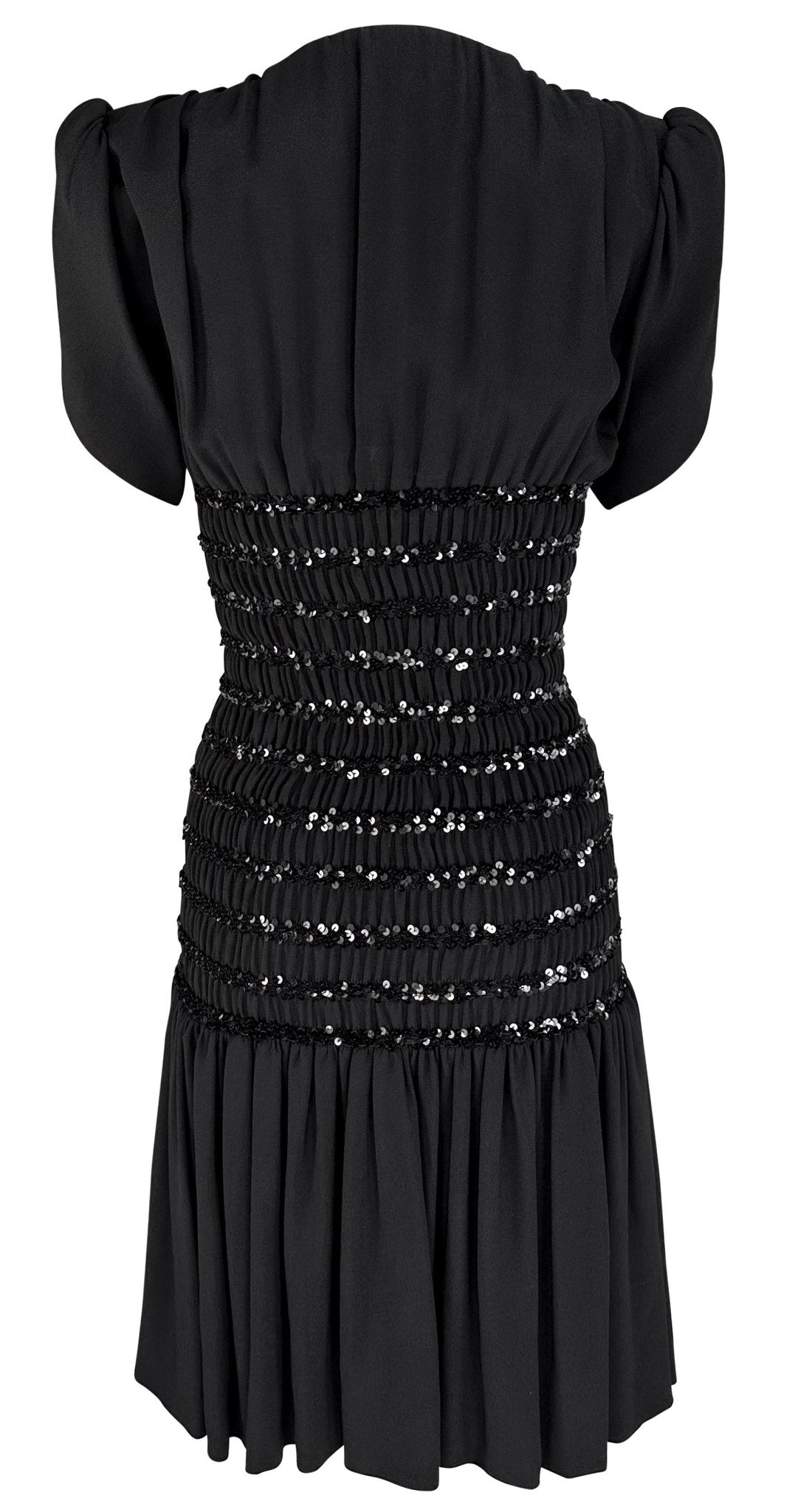 F/W 1983 Saint Laurent Runway Ad Ruched Sequin Black Petal Flare Dress - RealList