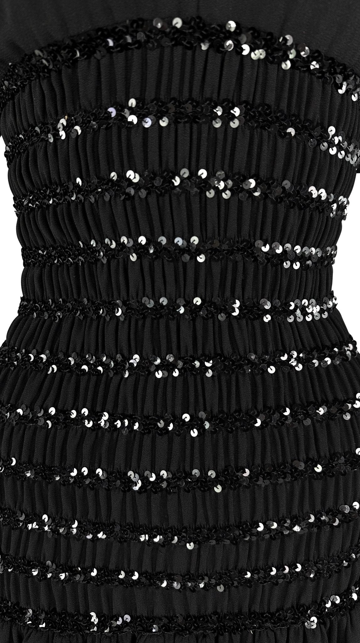 F/W 1983 Saint Laurent Runway Ad Ruched Sequin Black Petal Flare Dress - RealList