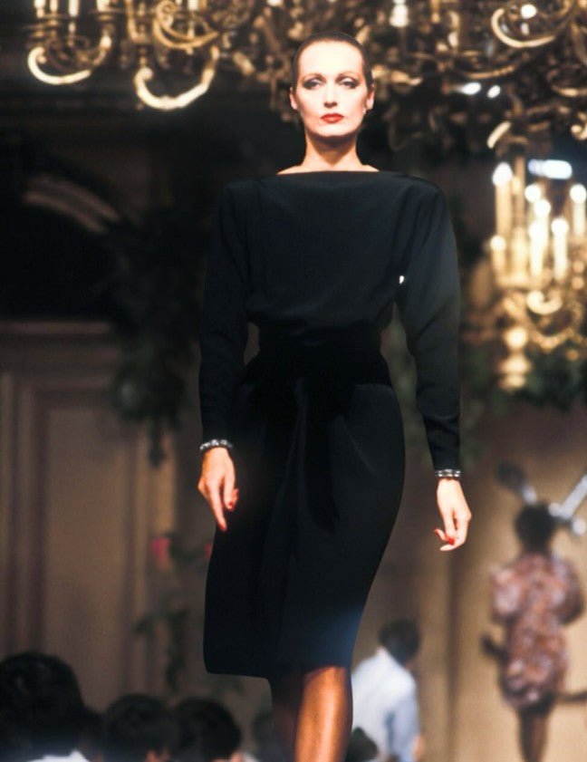 F/W 1983 Yves Saint Laurent Haute Couture Runway Black Velvet Bow Midi Dress - RealList