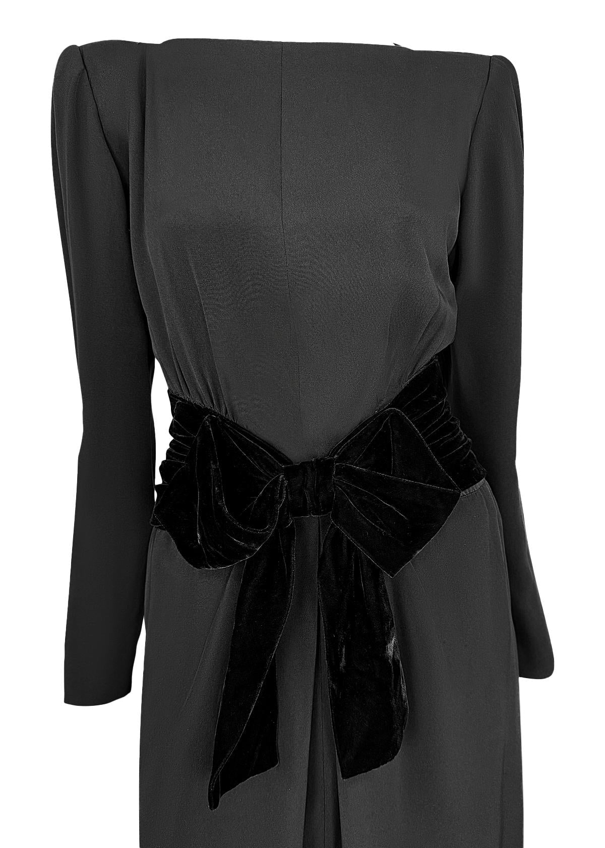 F/W 1983 Yves Saint Laurent Haute Couture Runway Black Velvet Bow Midi Dress - RealList
