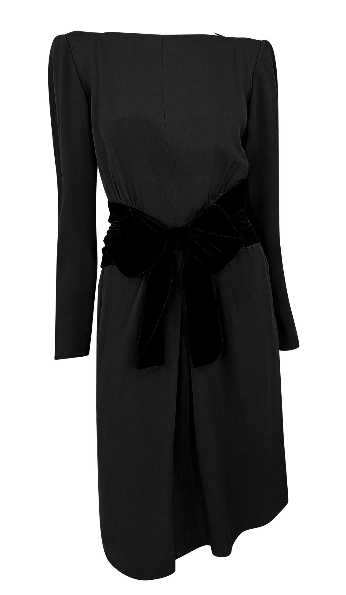 F/W 1983 Yves Saint Laurent Haute Couture Runway Black Velvet Bow Midi Dress - RealList