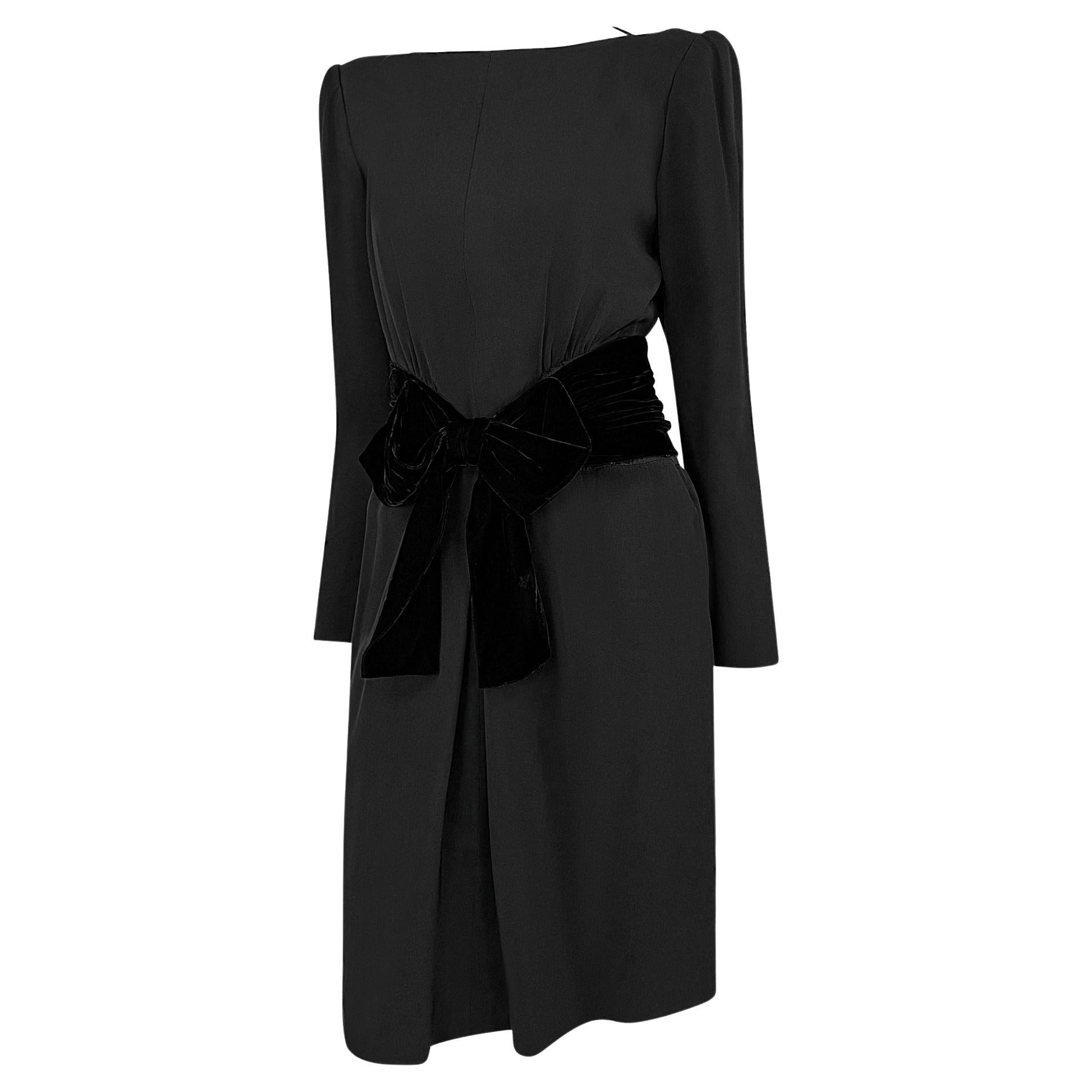 F/W 1983 Yves Saint Laurent Haute Couture Runway Black Velvet Bow Midi Dress - RealList
