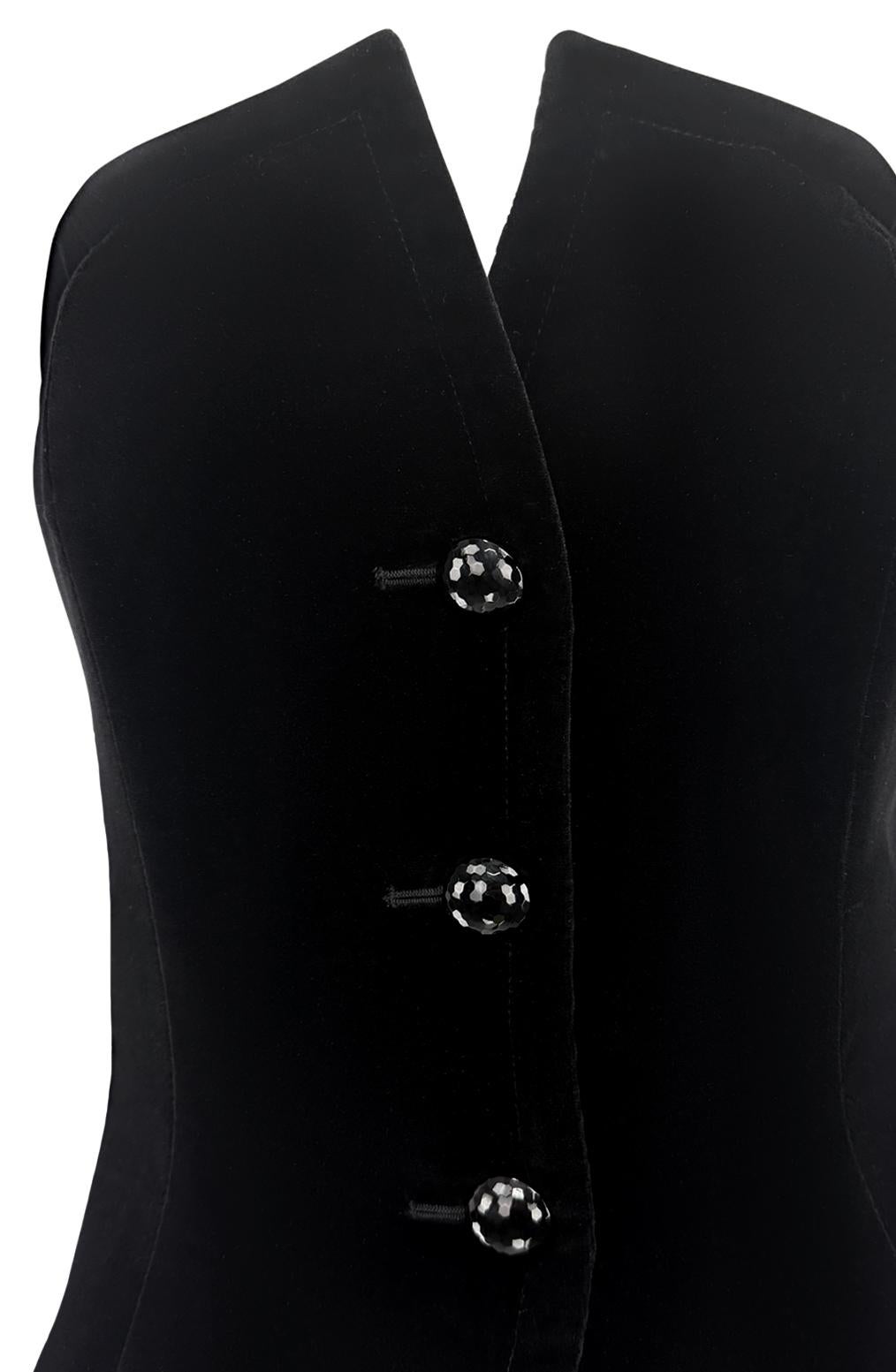 F/W 1985 Saint Laurent Runway Black Velvet Corseted Strapless Button Up Top - RealList