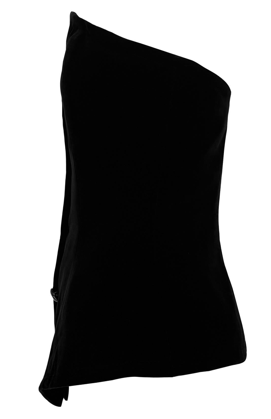 F/W 1985 Saint Laurent Runway Black Velvet Corseted Strapless Button Up Top - RealList
