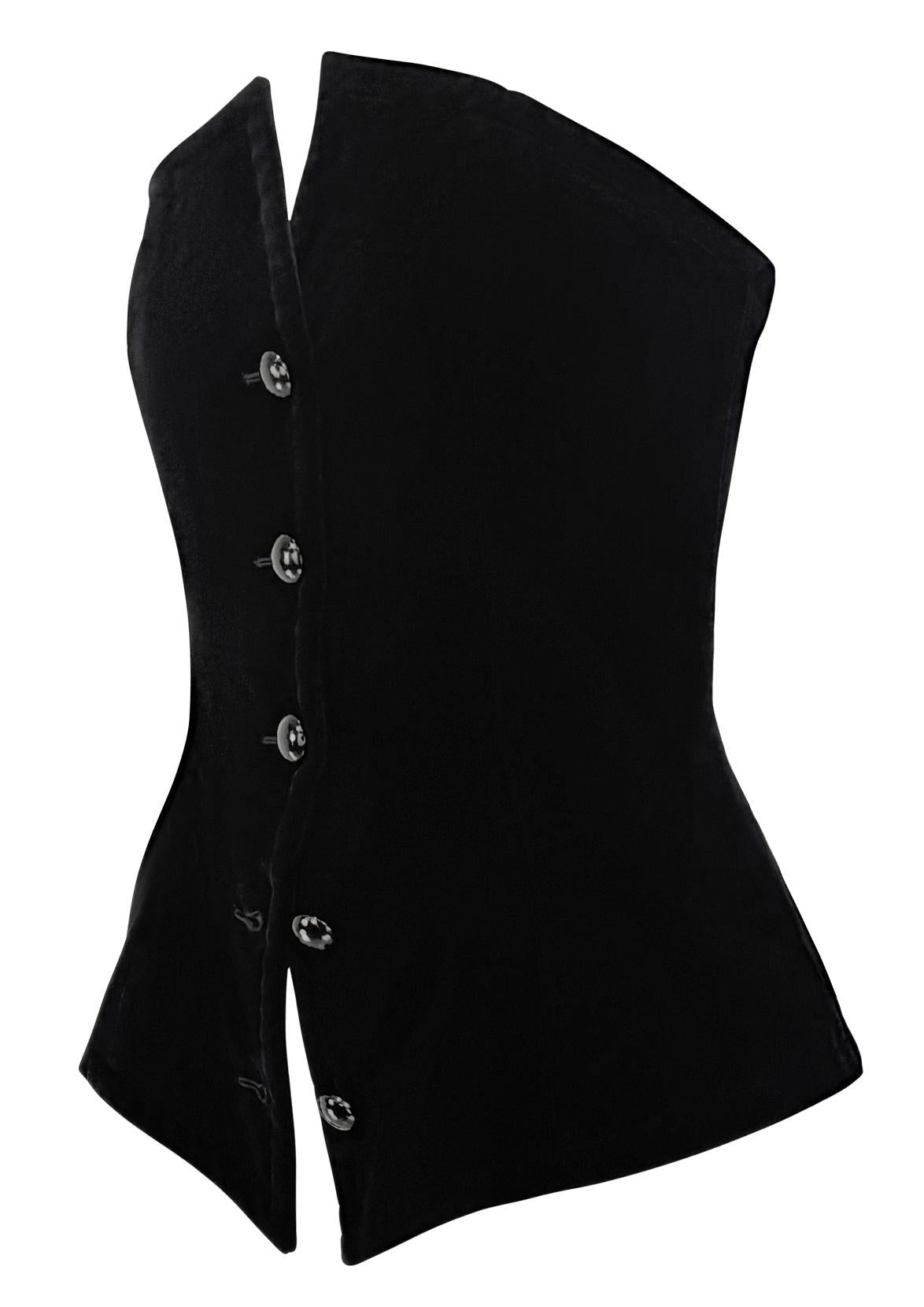 F/W 1985 Saint Laurent Runway Black Velvet Corseted Strapless Button Up Top - RealList