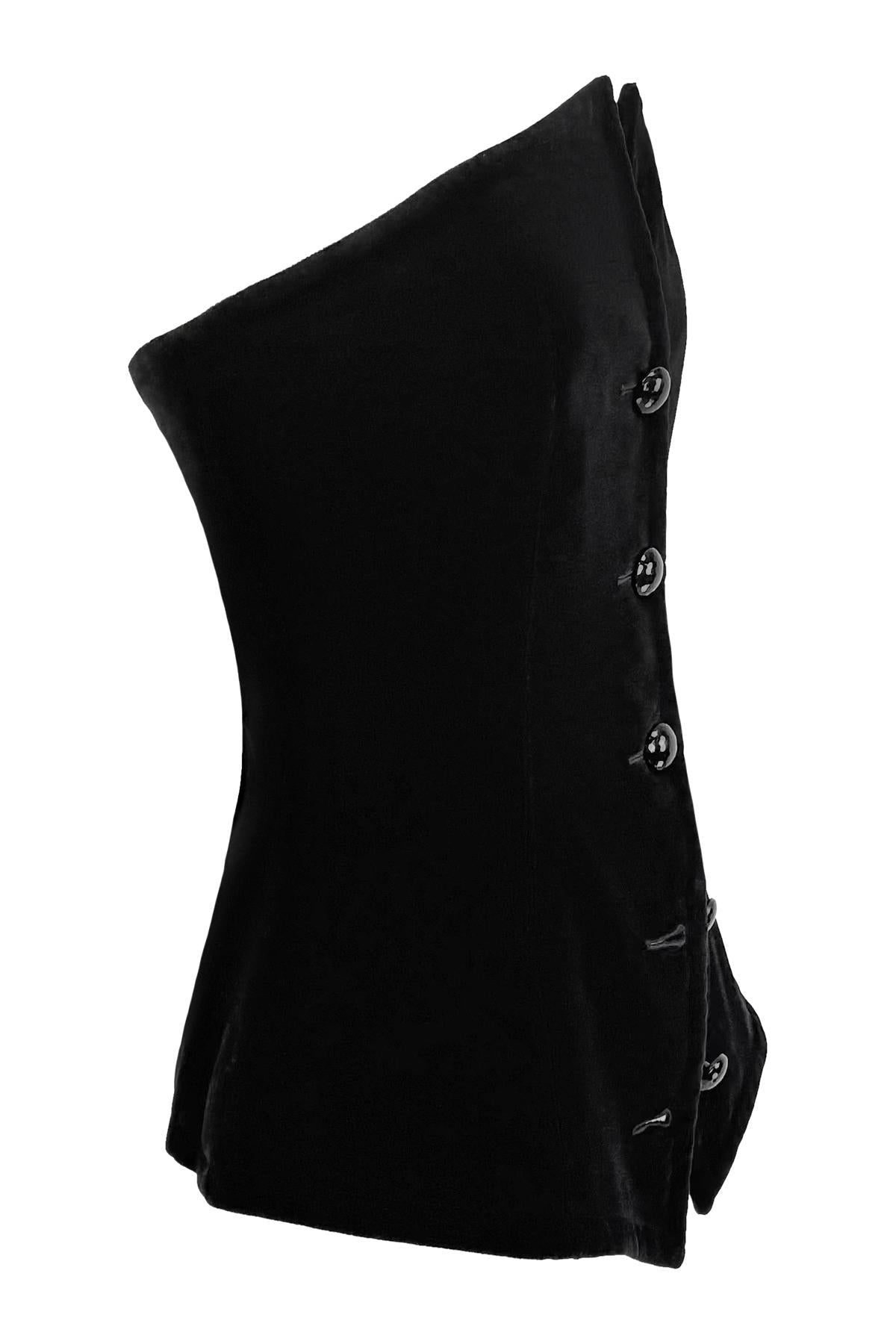 F/W 1985 Saint Laurent Runway Black Velvet Corseted Strapless Button Up Top - RealList