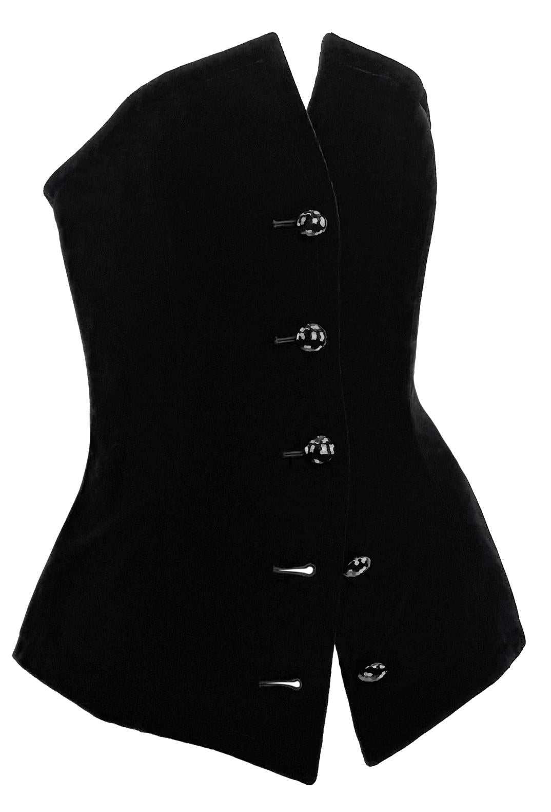 F/W 1985 Saint Laurent Runway Black Velvet Corseted Strapless Button Up Top - RealList
