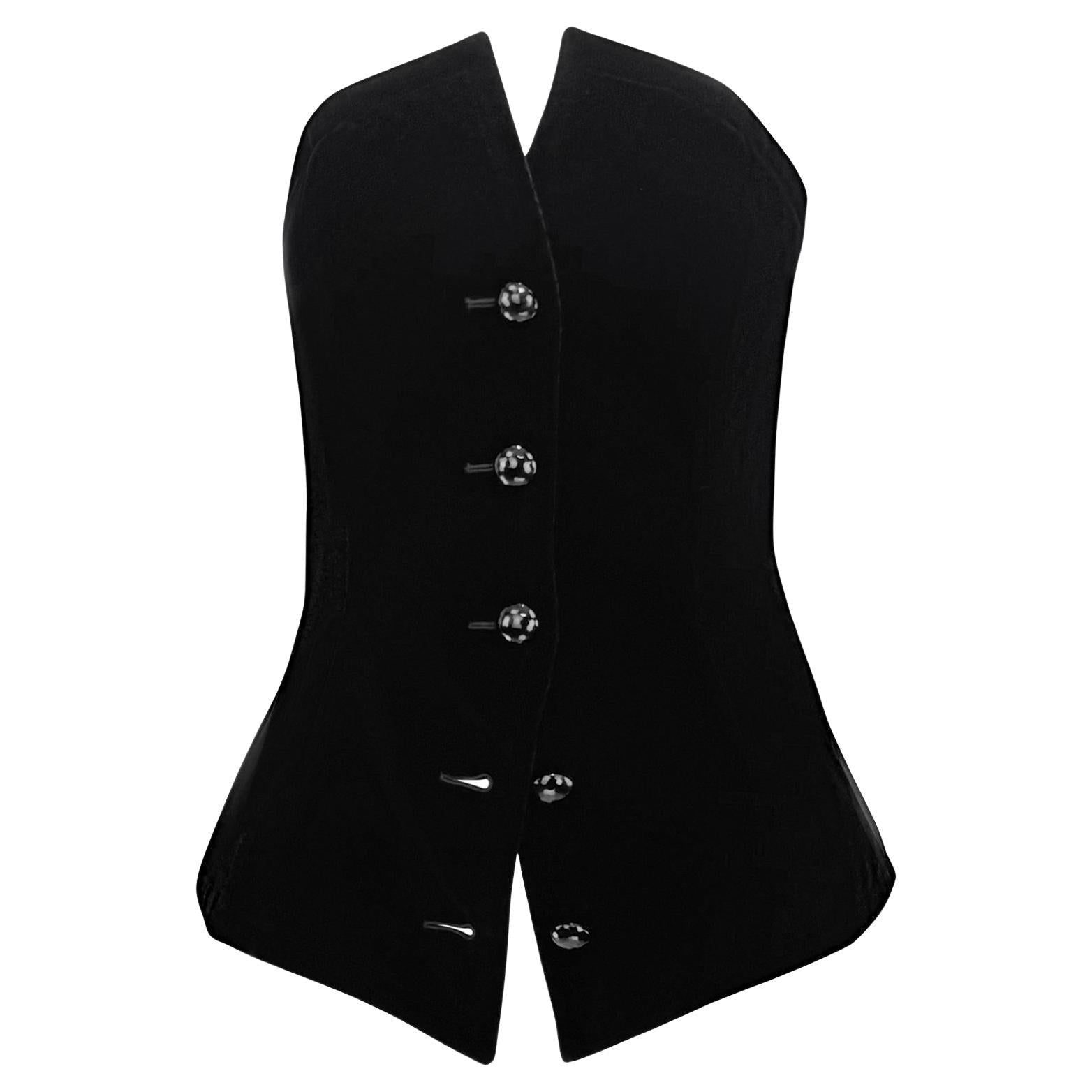F/W 1985 Saint Laurent Runway Black Velvet Corseted Strapless Button Up Top - RealList