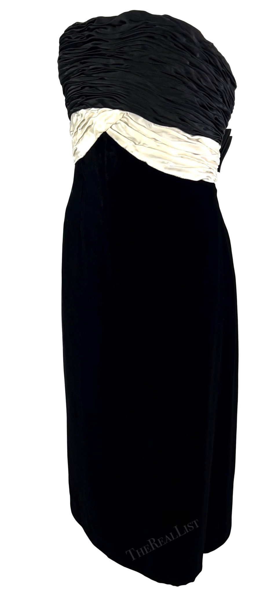 F/W 1985 Valentino Garavani Runway Black Velvet White Satin Bow Midi Dress - RealList