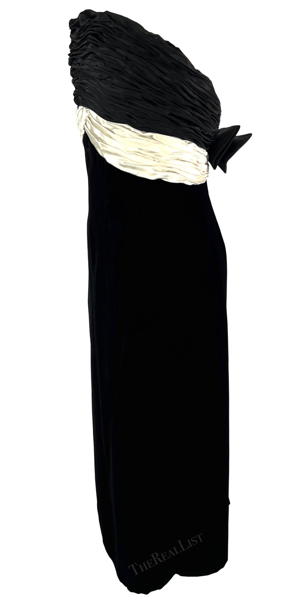 F/W 1985 Valentino Garavani Runway Black Velvet White Satin Bow Midi Dress - RealList