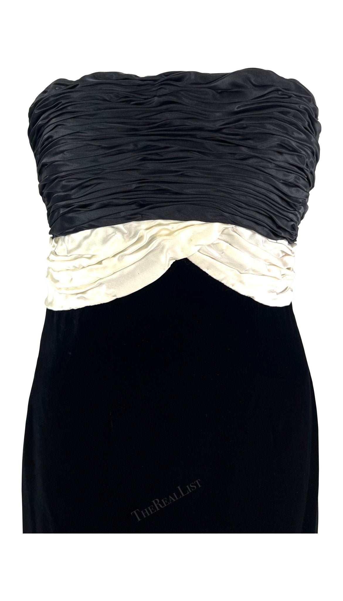 F/W 1985 Valentino Garavani Runway Black Velvet White Satin Bow Midi Dress - RealList