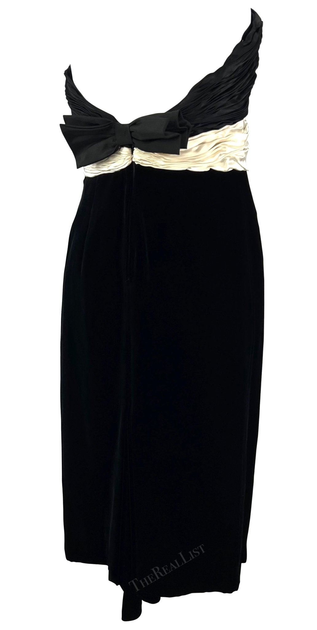 F/W 1985 Valentino Garavani Runway Black Velvet White Satin Bow Midi Dress - RealList