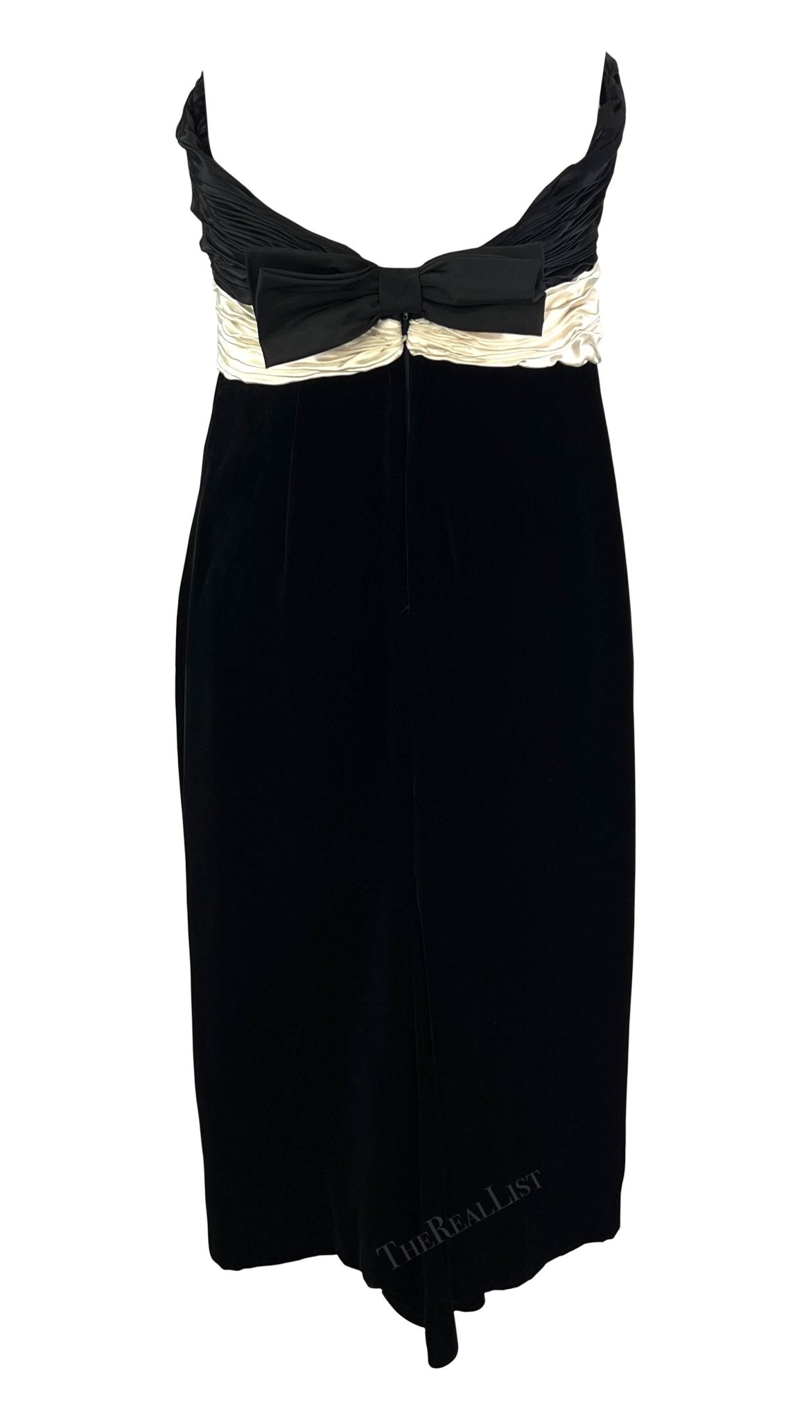F/W 1985 Valentino Garavani Runway Black Velvet White Satin Bow Midi Dress - RealList