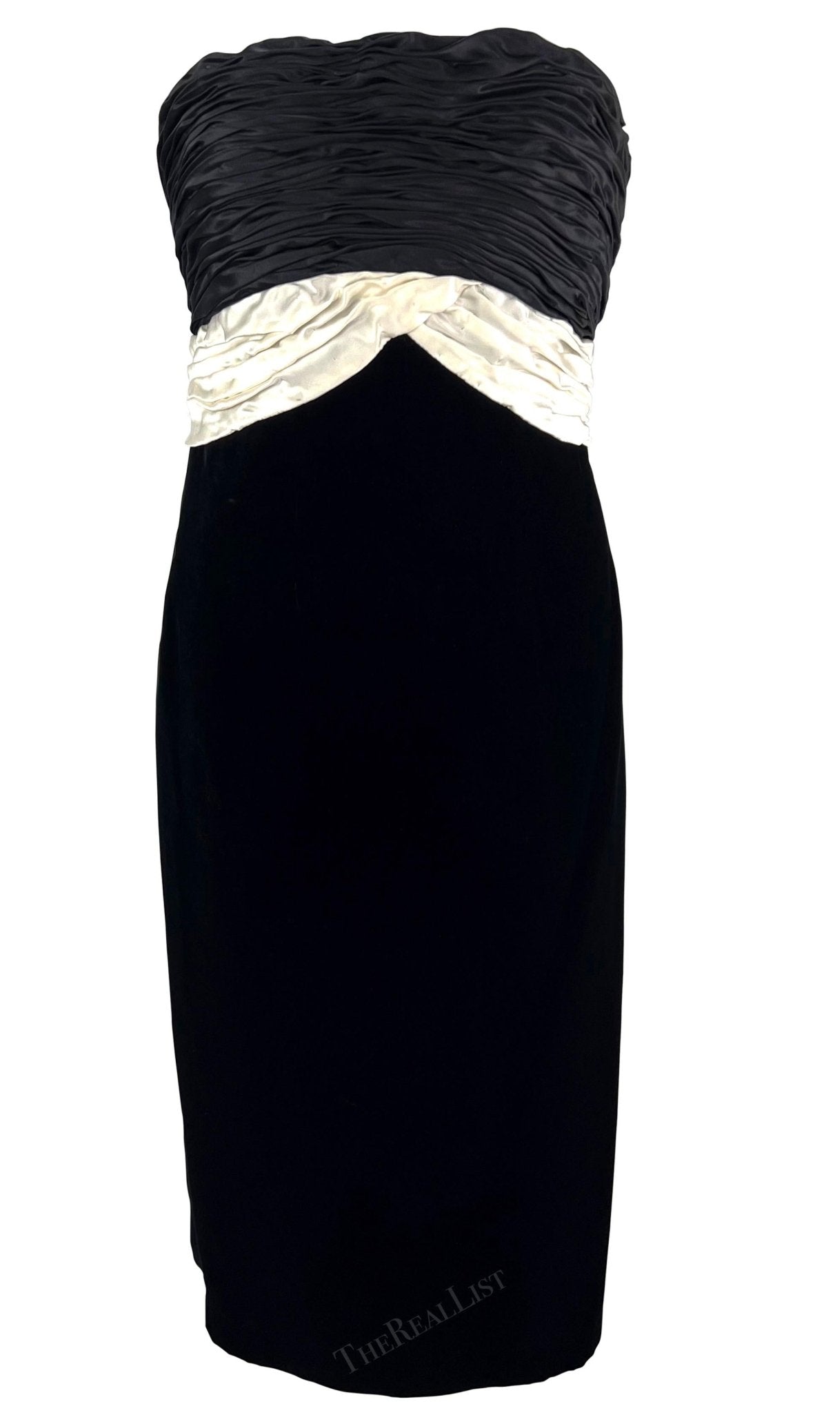 F/W 1985 Valentino Garavani Runway Black Velvet White Satin Bow Midi Dress - RealList