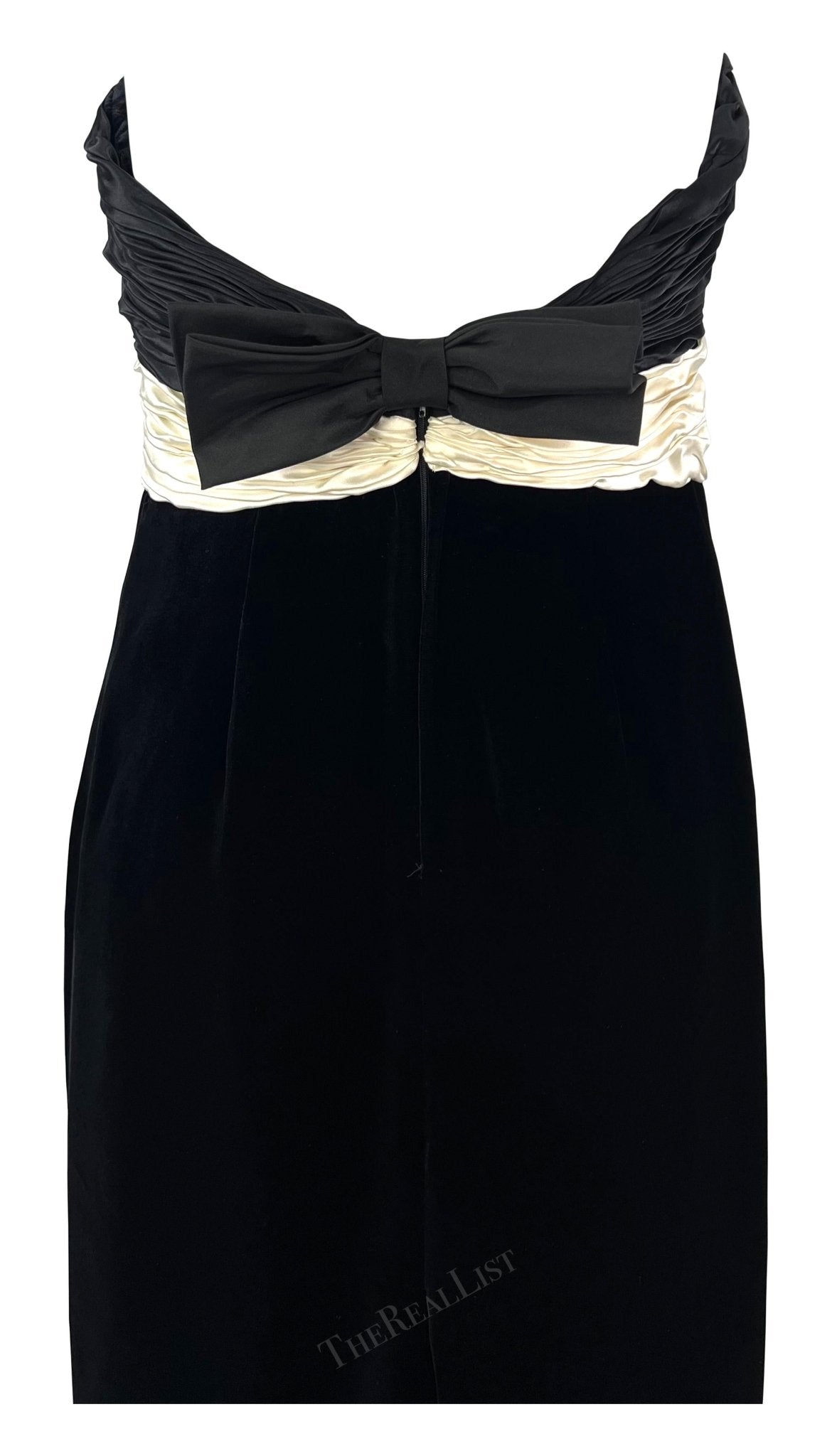 F/W 1985 Valentino Garavani Runway Black Velvet White Satin Bow Midi Dress - RealList