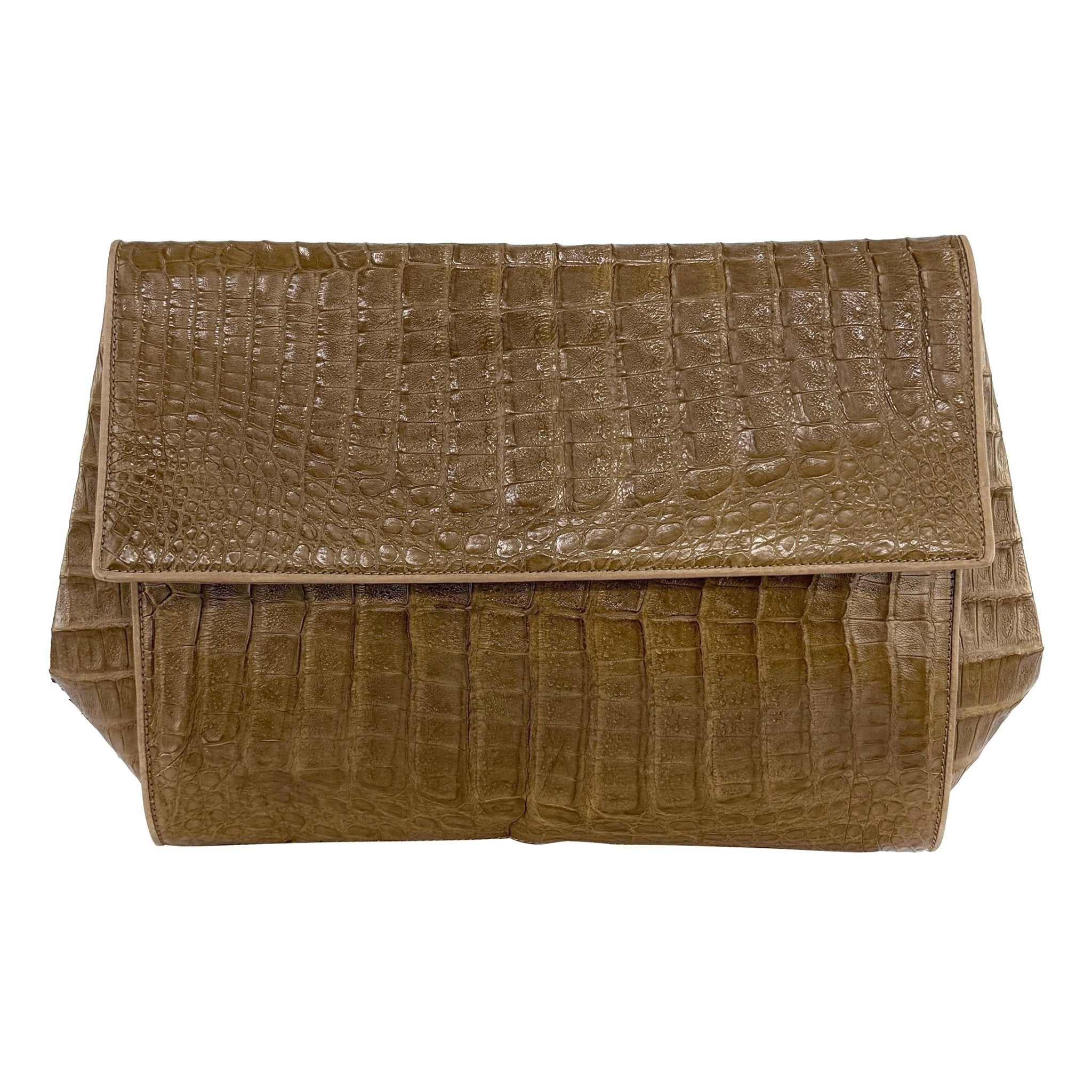 F/W 1986 Donna Karan Runway Genuine Crocodile Large Taupe Clutch Bag - RealList