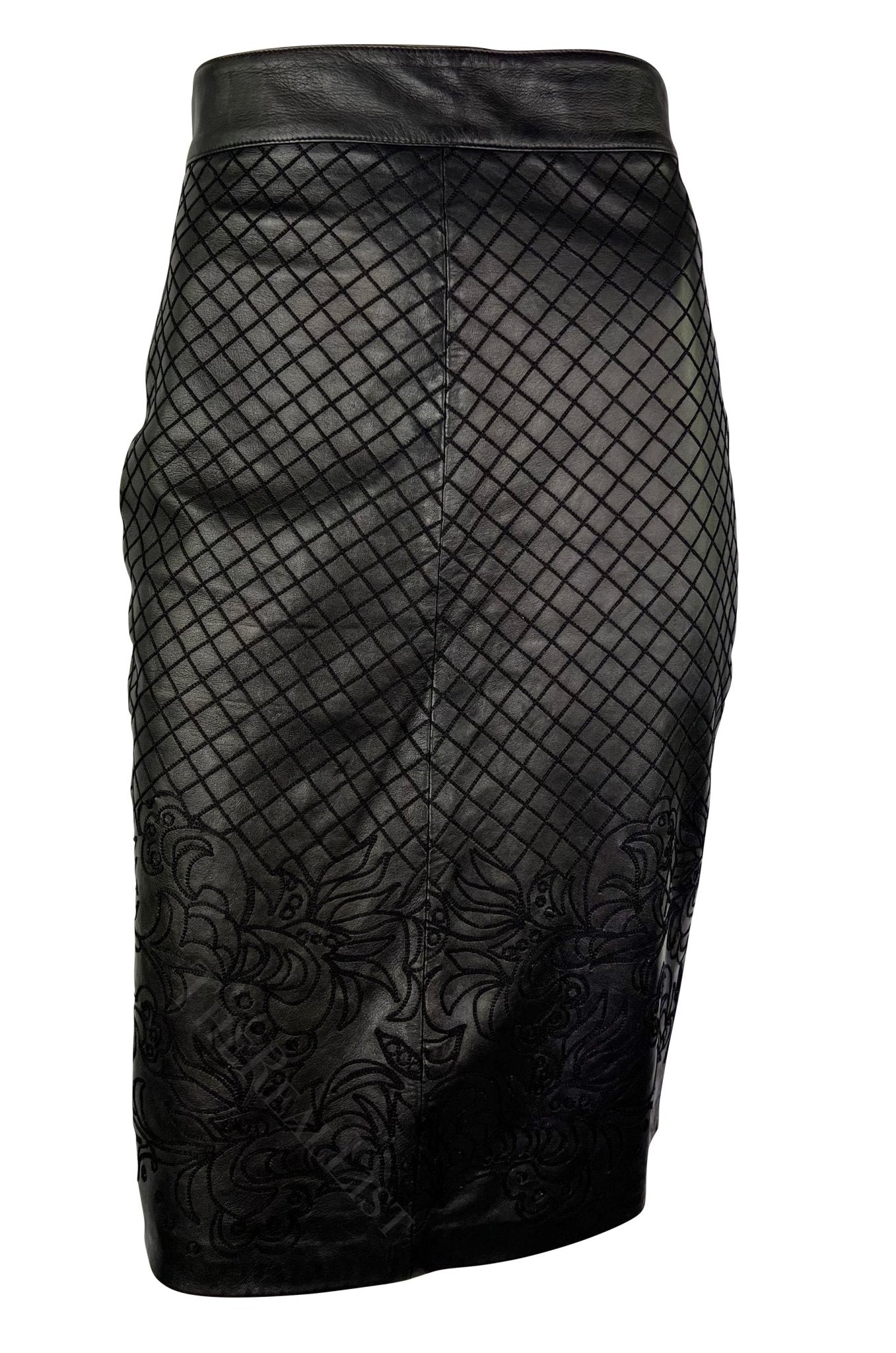 F/W 1986 Gianni Versace Runway Black Leather Embroidered Floral Skirt Set - RealList