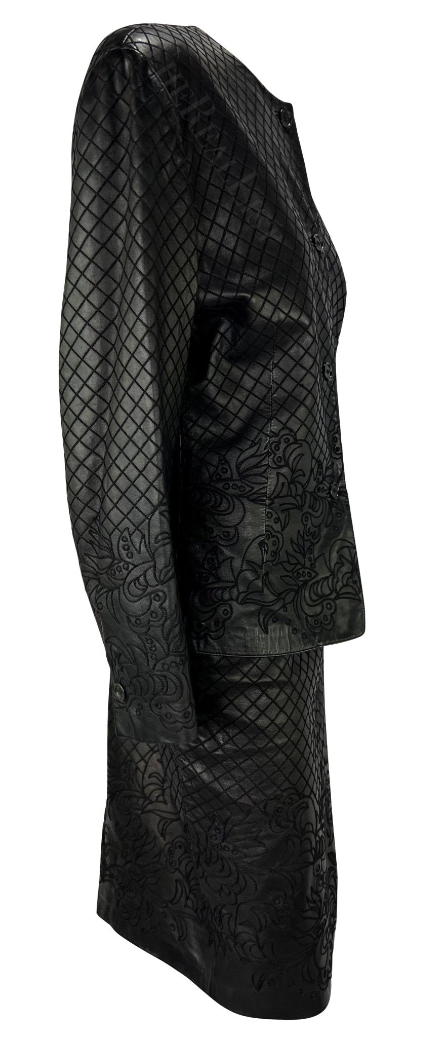F/W 1986 Gianni Versace Runway Black Leather Embroidered Floral Skirt Set - RealList
