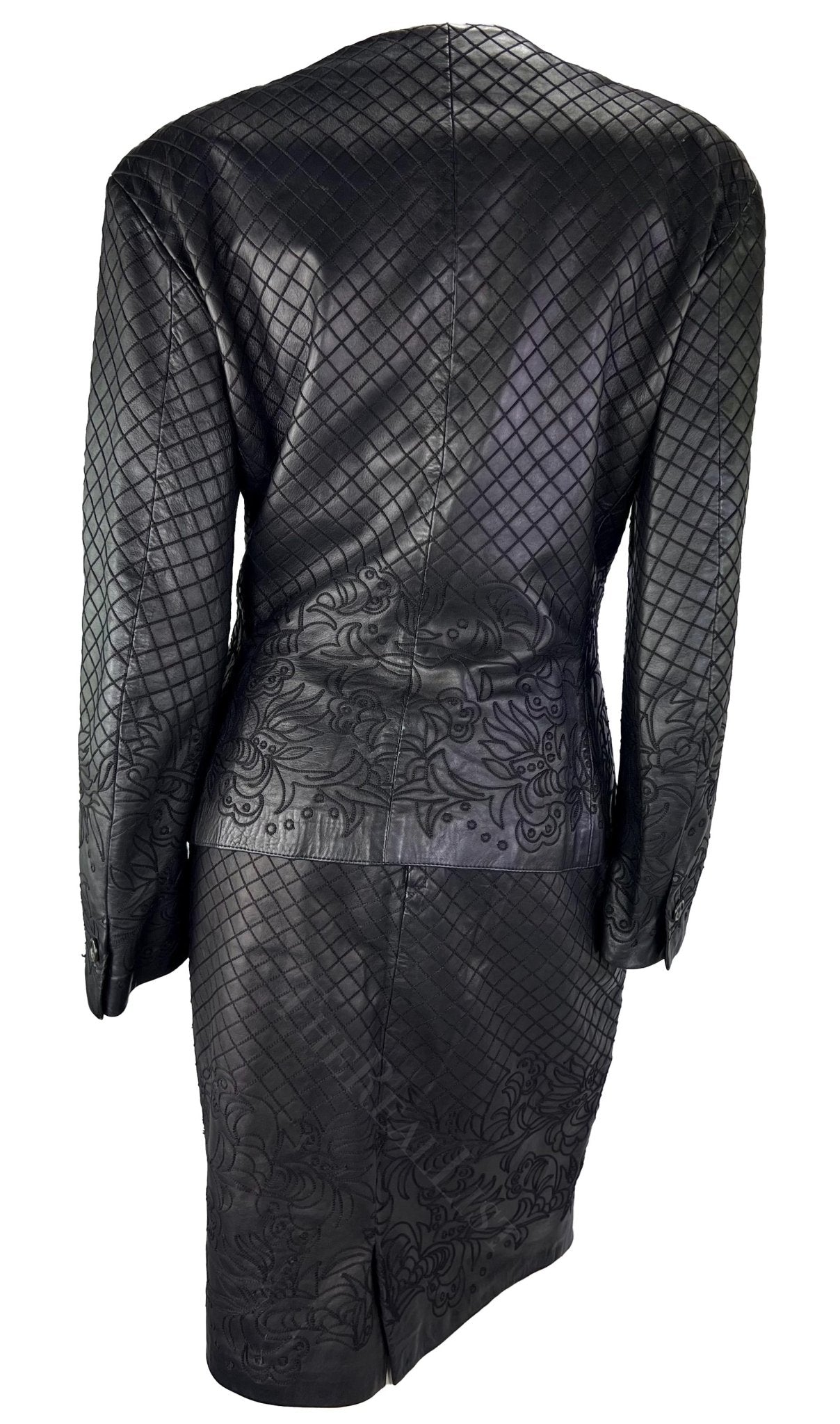 F/W 1986 Gianni Versace Runway Black Leather Embroidered Floral Skirt Set - RealList