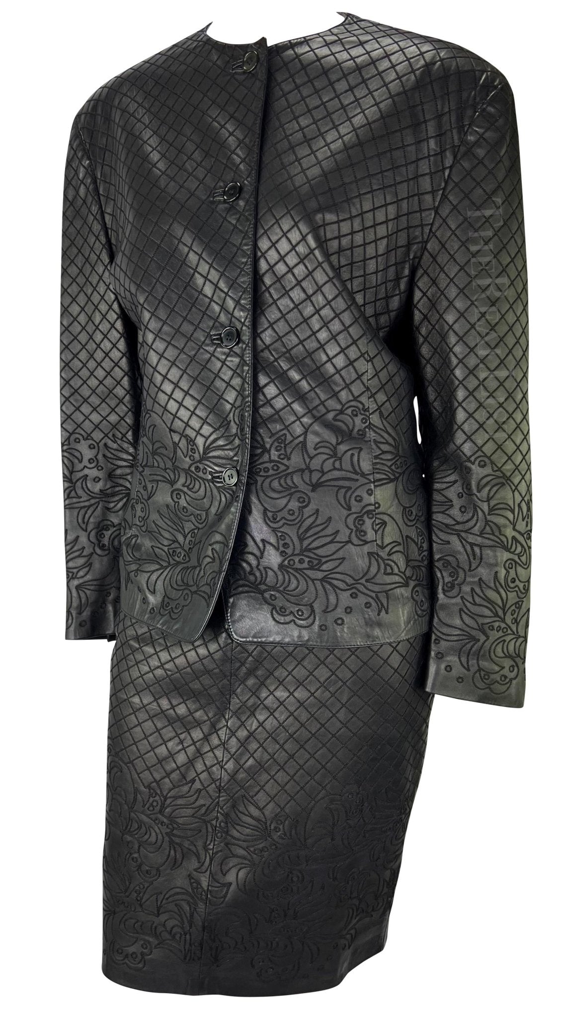 F/W 1986 Gianni Versace Runway Black Leather Embroidered Floral Skirt Set - RealList