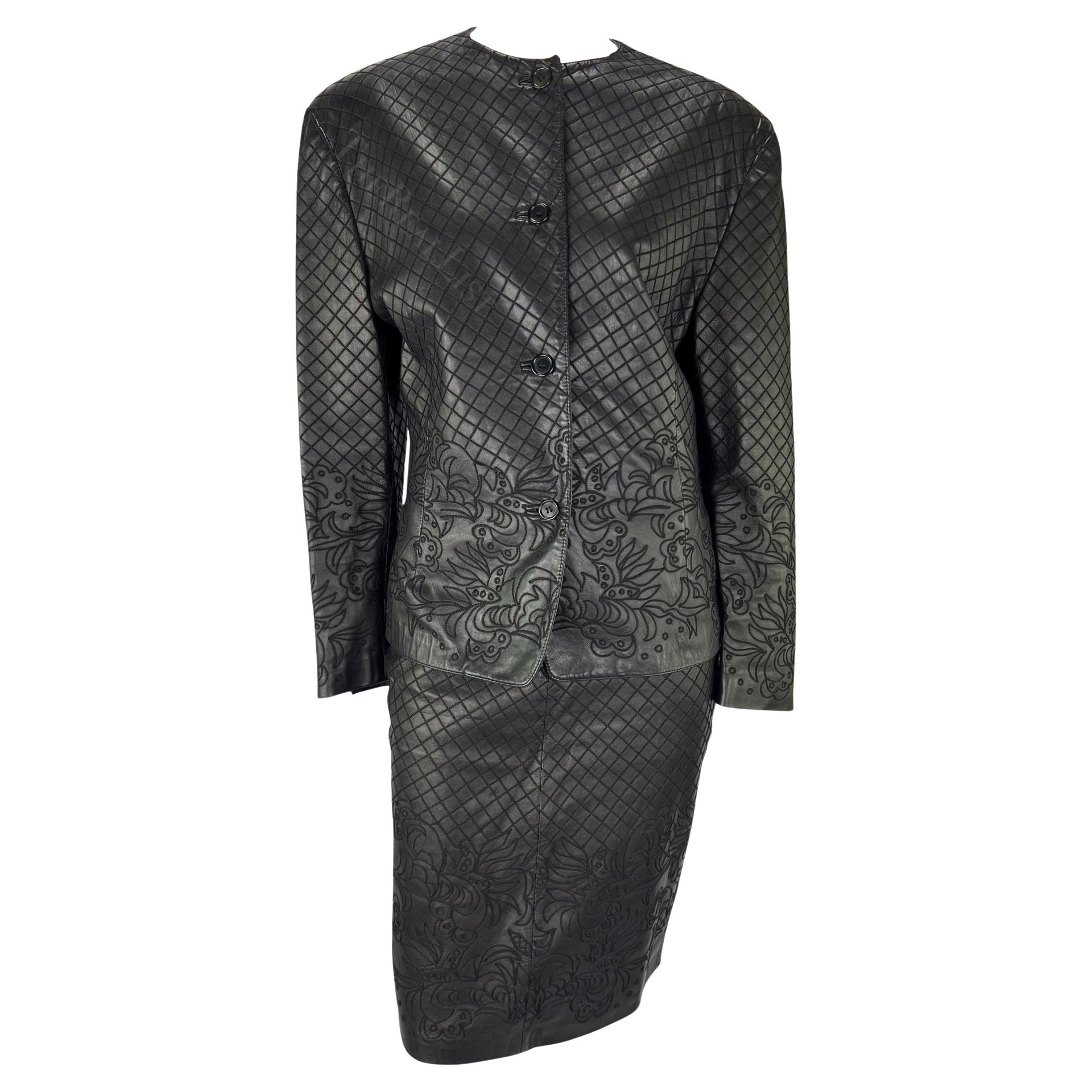 F/W 1986 Gianni Versace Runway Black Leather Embroidered Floral Skirt Set - RealList