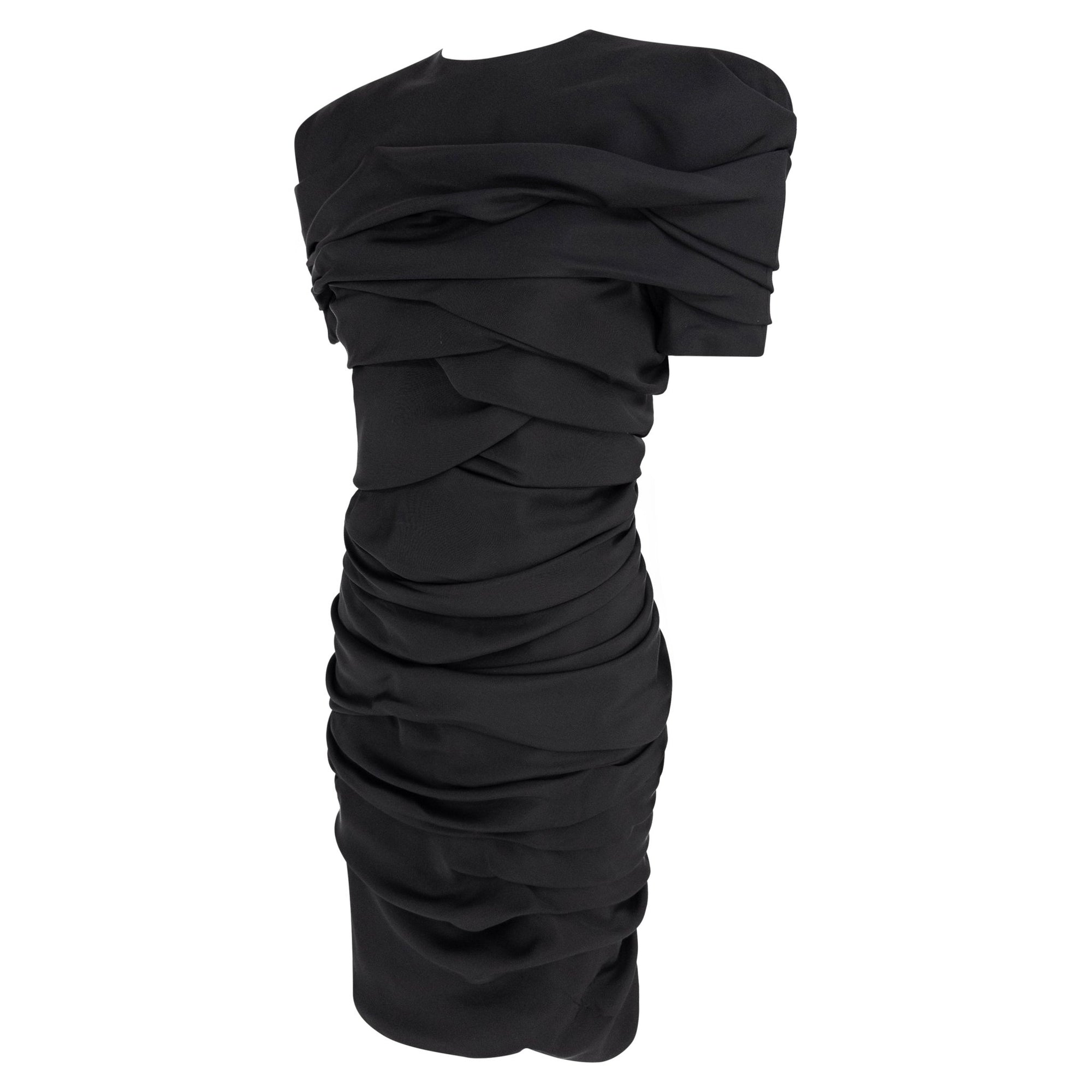 F/W 1987 Gianni Versace Black Bias Draped Sculptural Ruched Short Sleeve Midi Dress - RealList