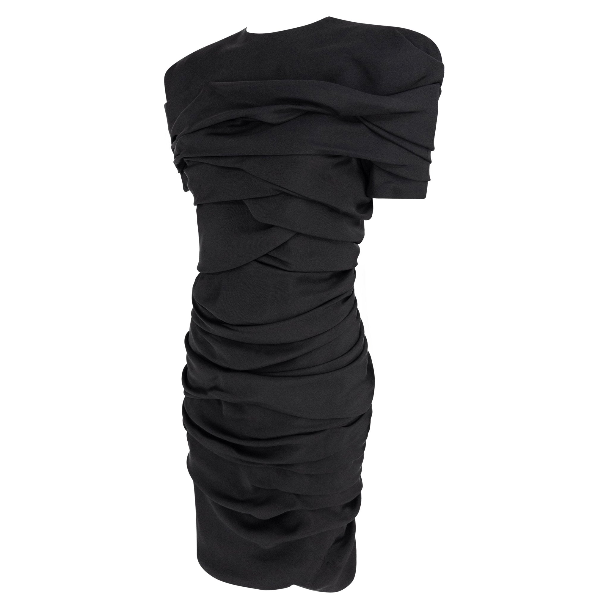 F/W 1987 Gianni Versace Black Bias Draped Sculptural Ruched Short Sleeve Midi Dress - RealList