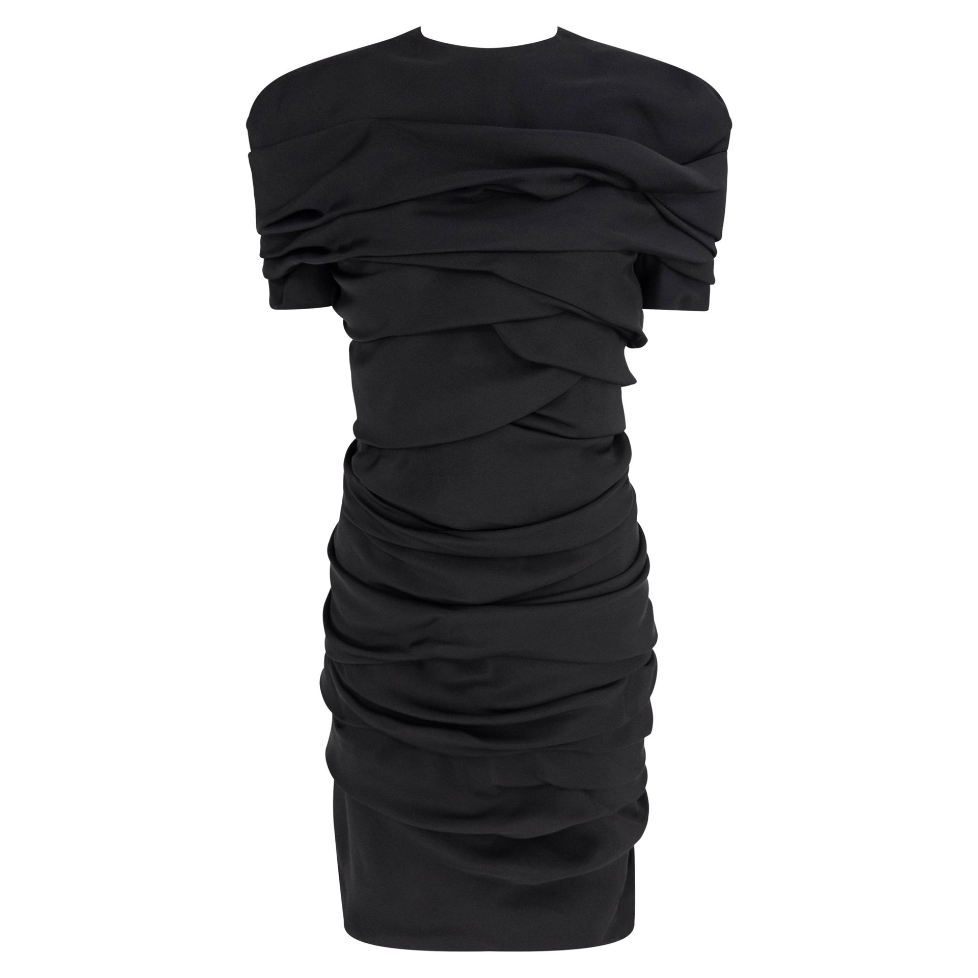 F/W 1987 Gianni Versace Black Bias Draped Sculptural Ruched Short Sleeve Midi Dress - RealList