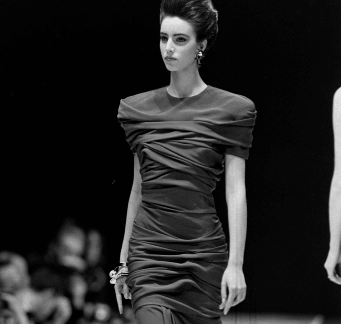 F/W 1987 Gianni Versace Black Bias Draped Sculptural Ruched Short Sleeve Midi Dress - RealList