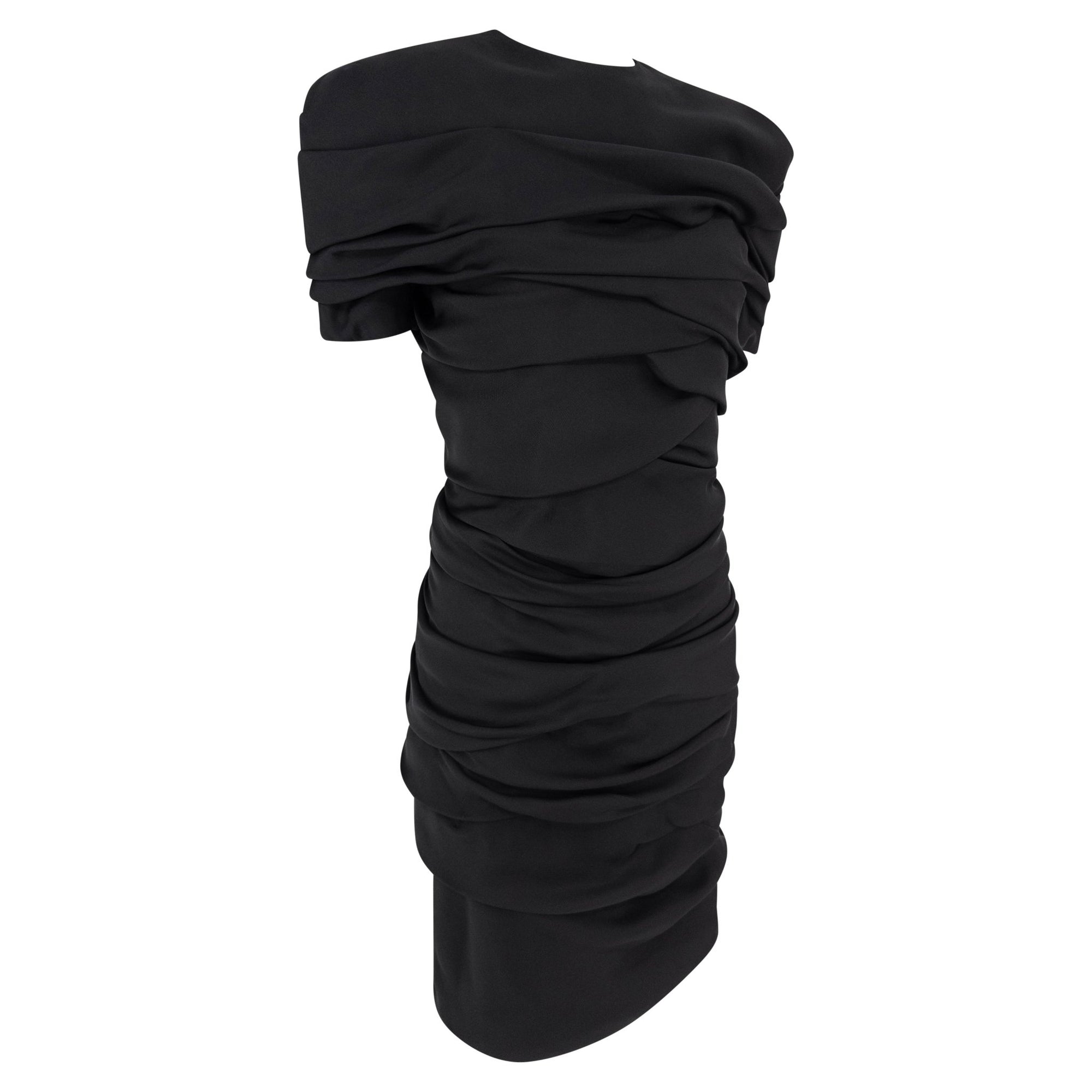 F/W 1987 Gianni Versace Black Bias Draped Sculptural Ruched Short Sleeve Midi Dress - RealList