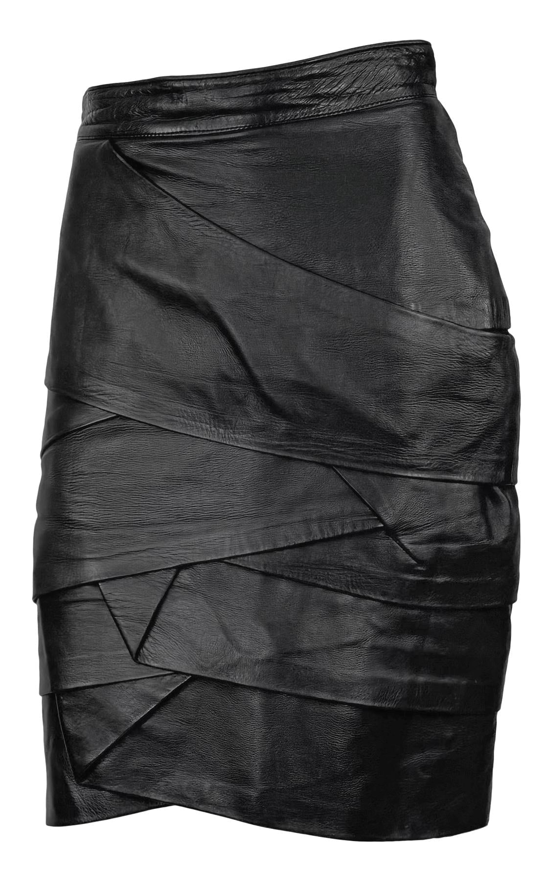 F/W 1987 Gianni Versace Runway Black Leather Ribbon Tiered Pencil Skirt - RealList