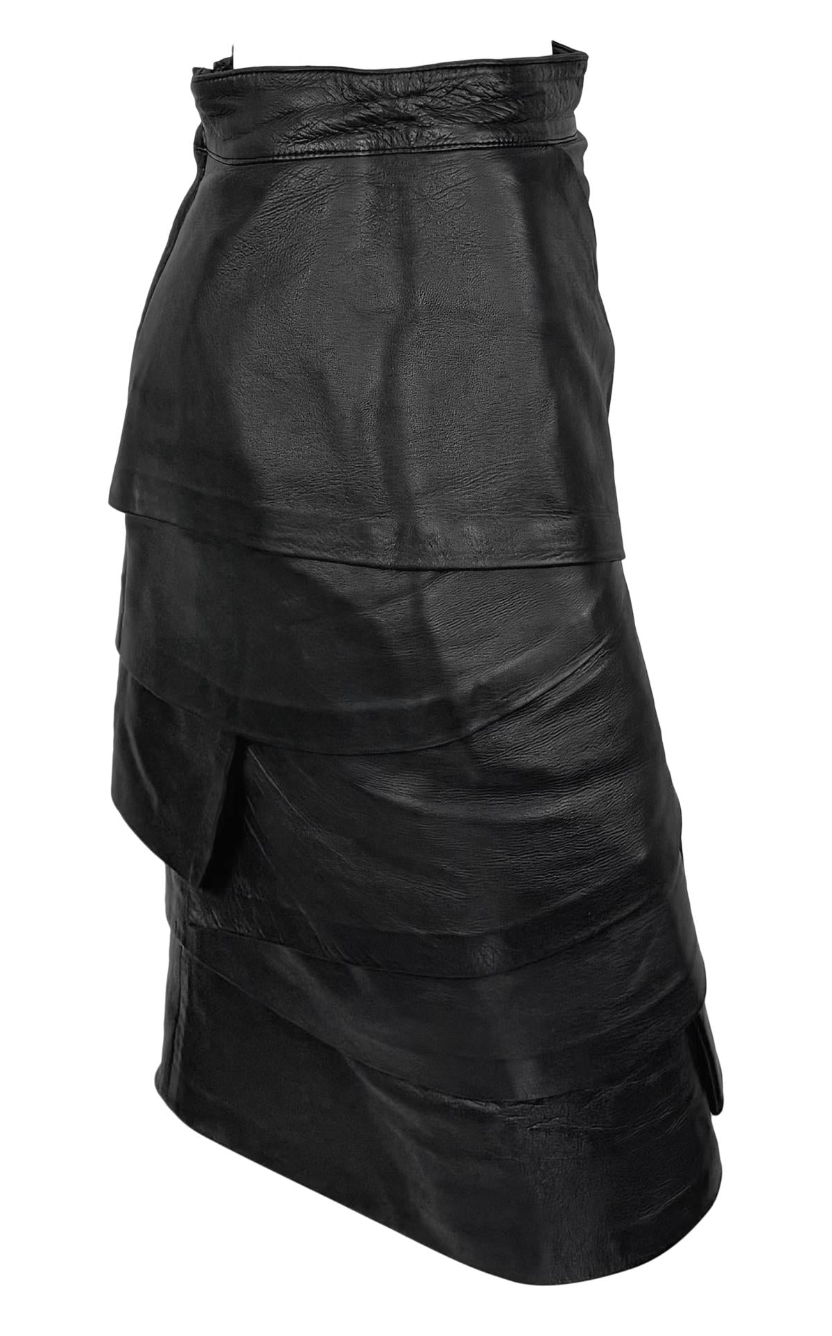 F/W 1987 Gianni Versace Runway Black Leather Ribbon Tiered Pencil Skirt - RealList