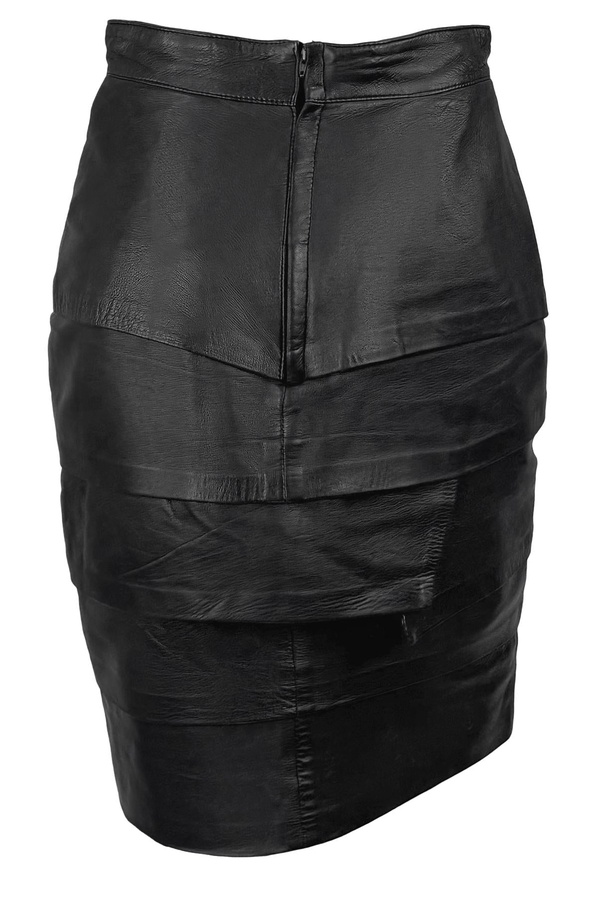 F/W 1987 Gianni Versace Runway Black Leather Ribbon Tiered Pencil Skirt - RealList