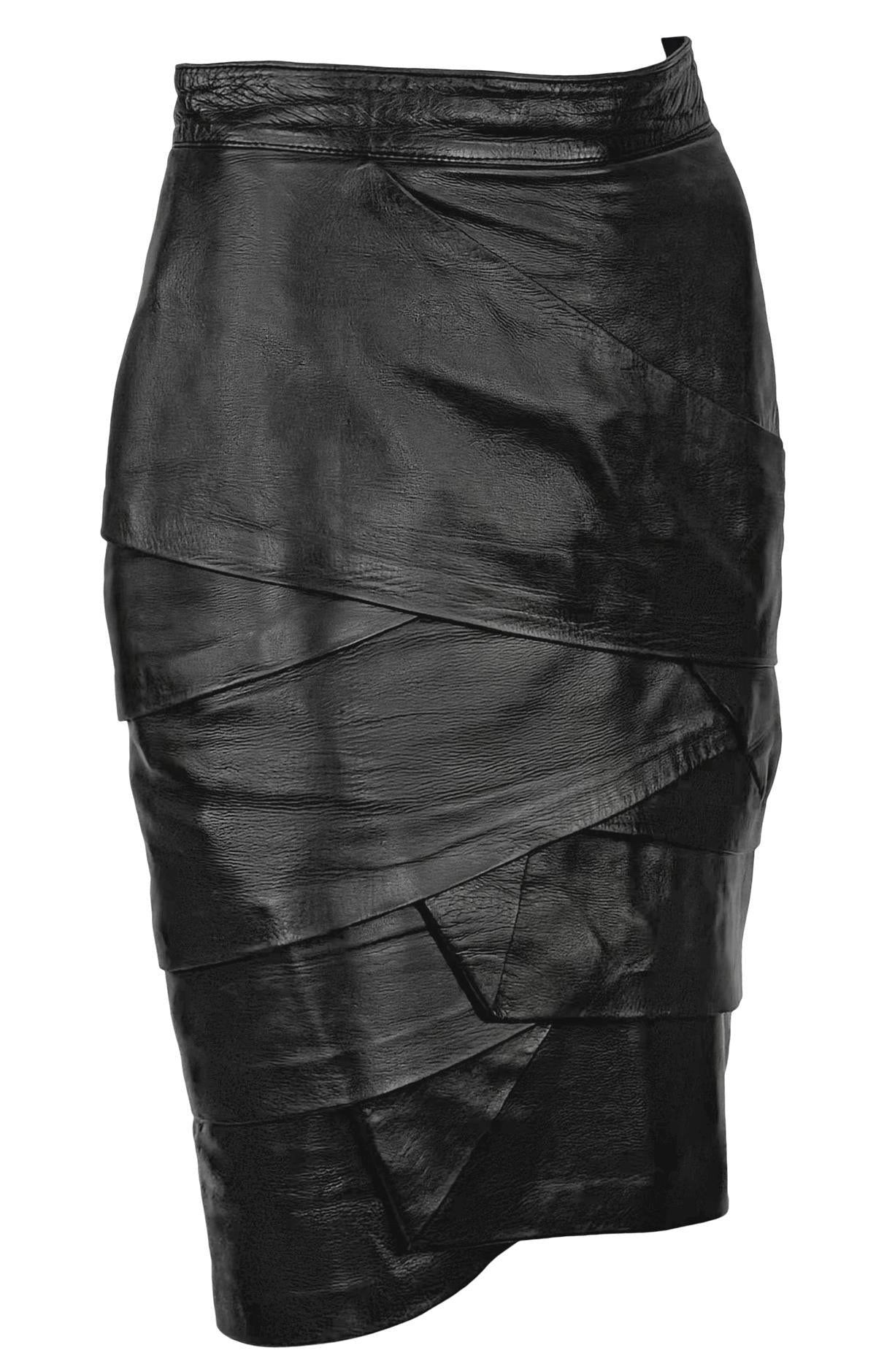 F/W 1987 Gianni Versace Runway Black Leather Ribbon Tiered Pencil Skirt - RealList