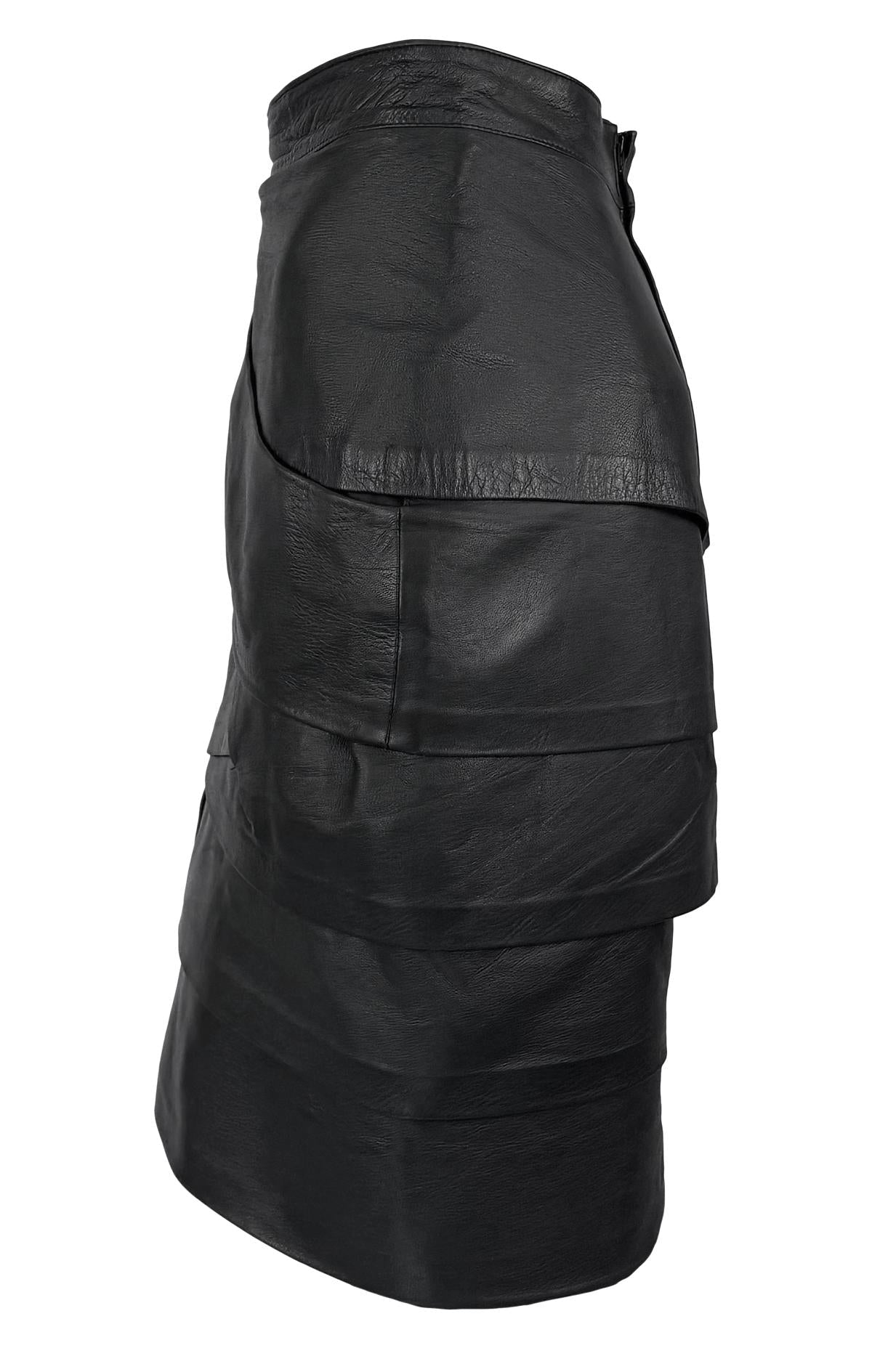 F/W 1987 Gianni Versace Runway Black Leather Ribbon Tiered Pencil Skirt - RealList