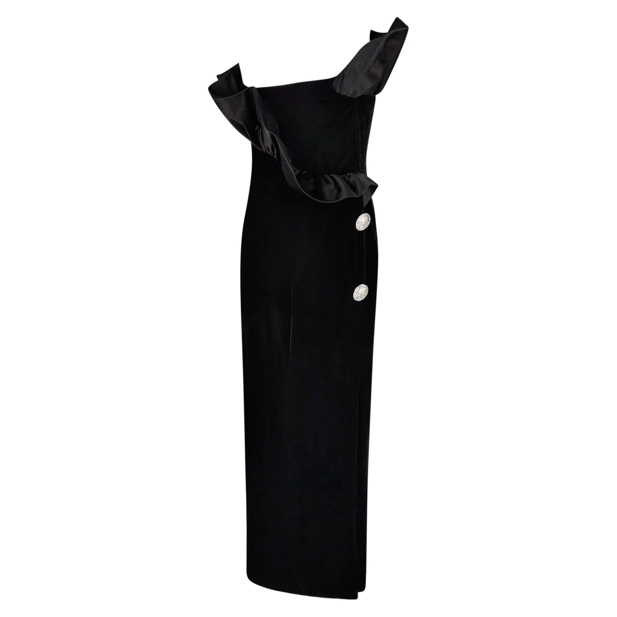 F/W 1987 Givenchy Black Velvet Sculptural Rhinestone Strapless Gown - RealList