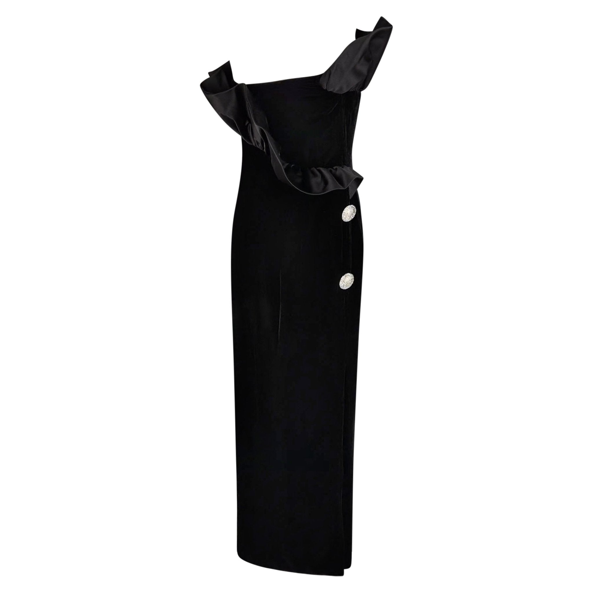 F/W 1987 Givenchy Black Velvet Sculptural Rhinestone Strapless Gown - RealList