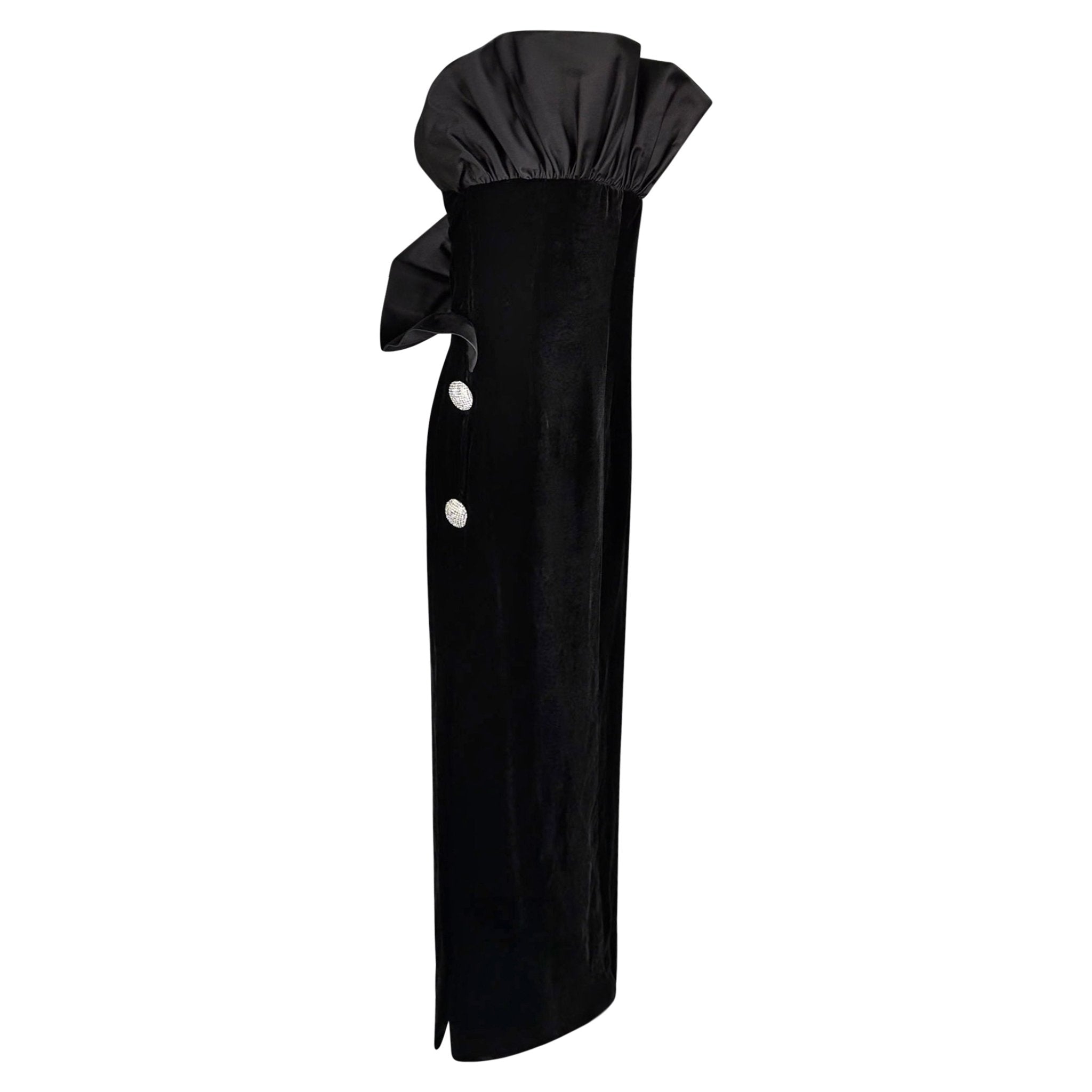 F/W 1987 Givenchy Black Velvet Sculptural Rhinestone Strapless Gown - RealList